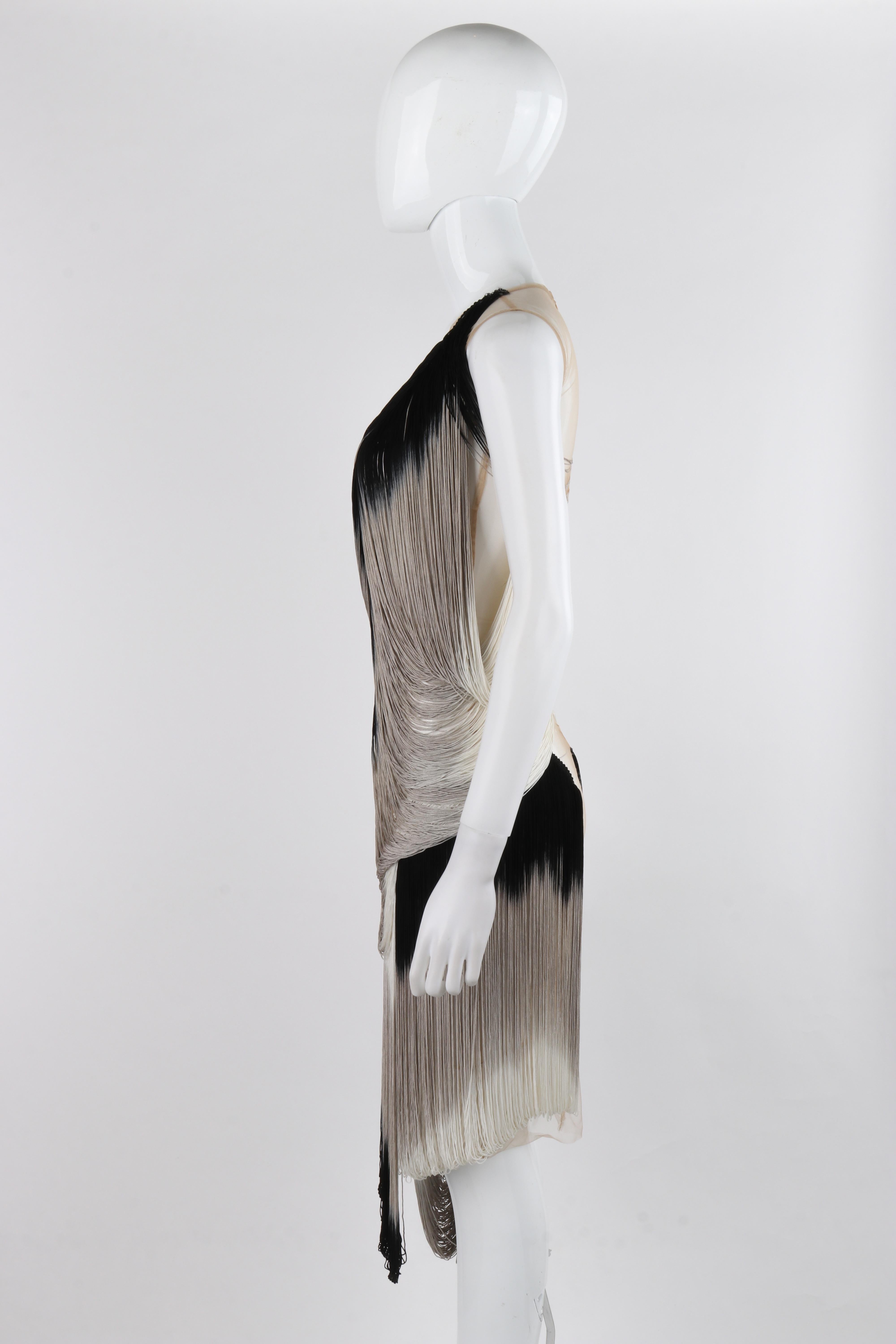 ALEXANDER McQUEEN S/S 2009 Black Gray Nude Mesh Tassel Fringe Draped Dress For Sale 3