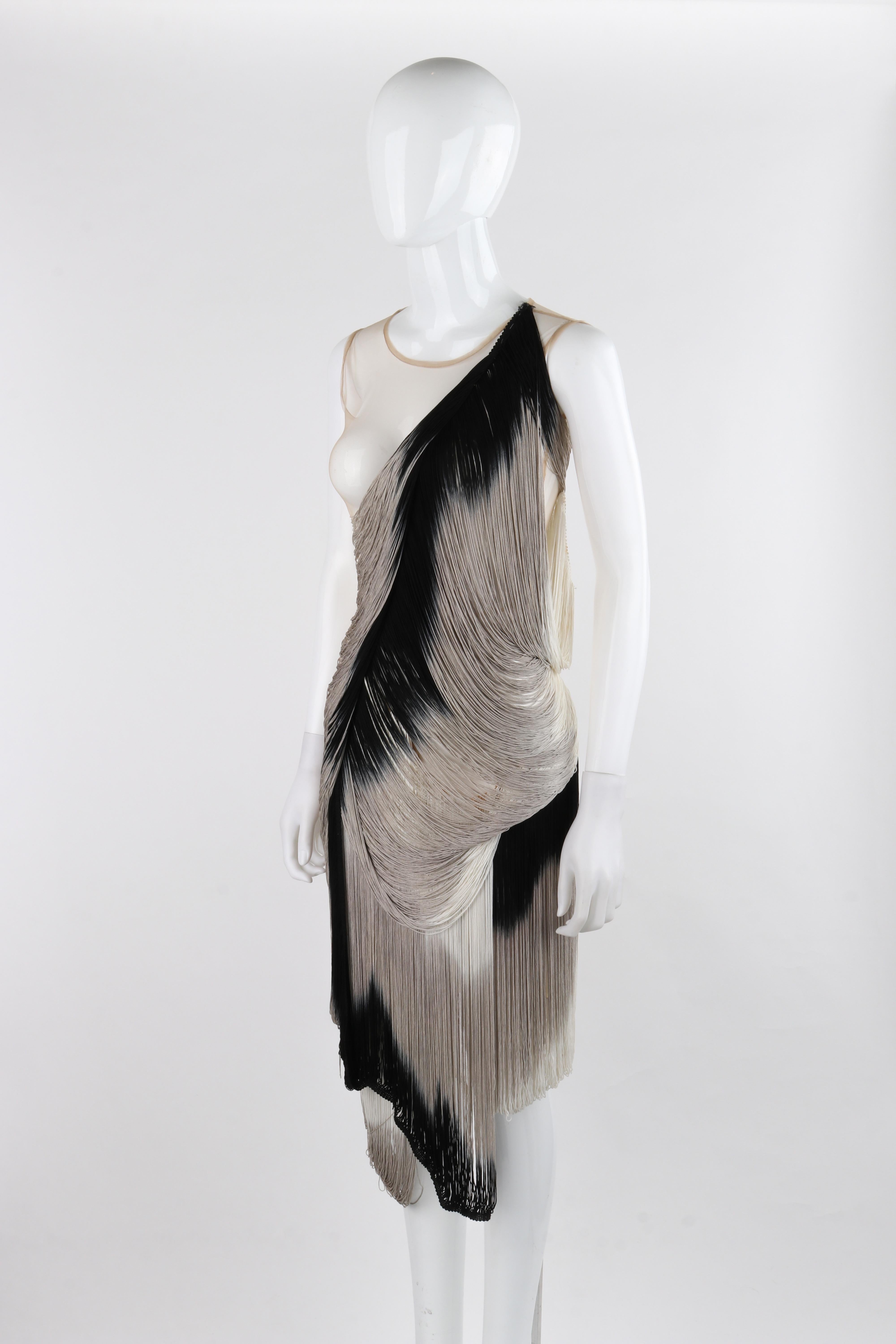 ALEXANDER McQUEEN S/S 2009 Black Gray Nude Mesh Tassel Fringe Draped Dress For Sale 4