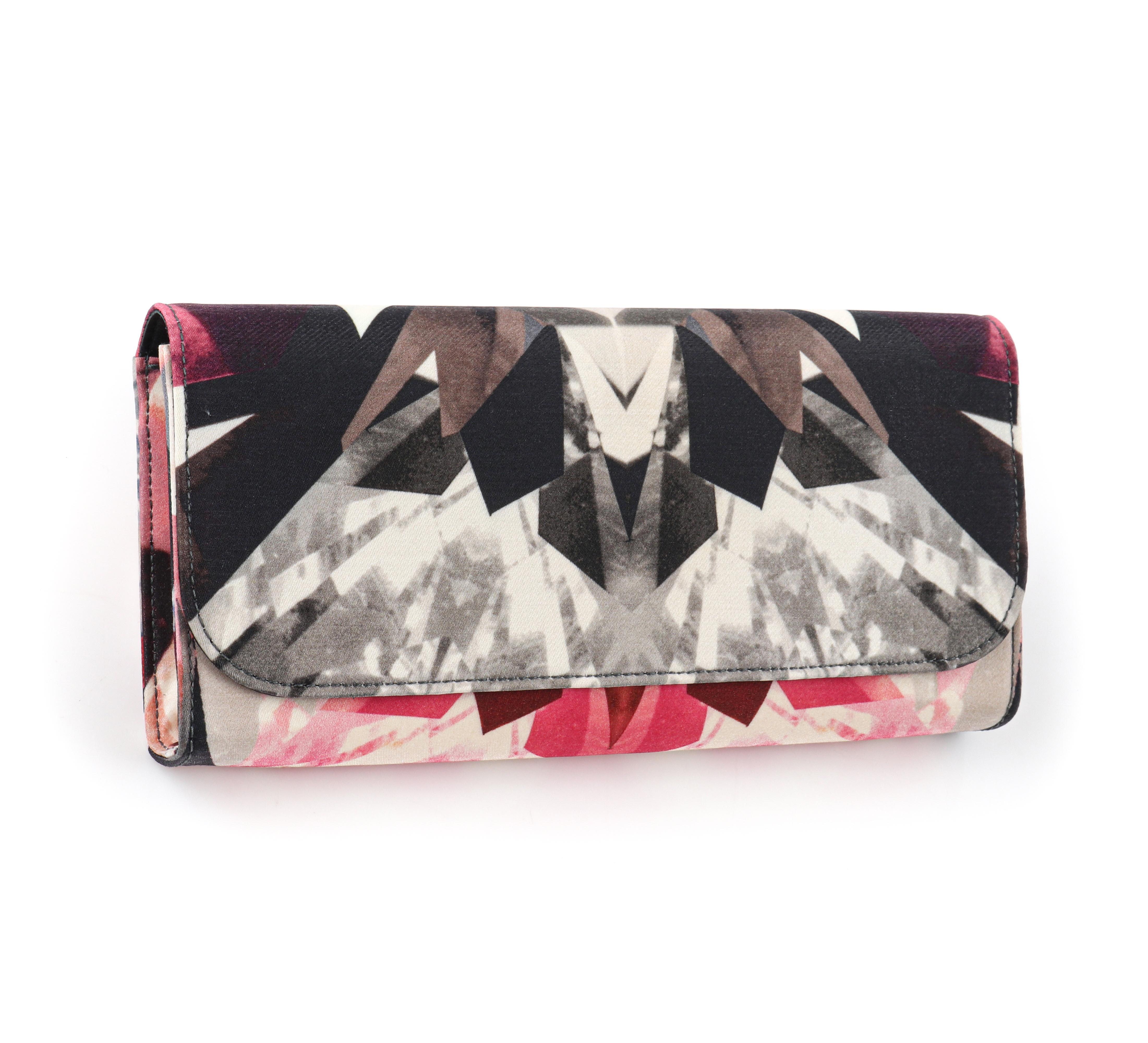 ALEXANDER McQUEEN S/S 2009 Crystal Kaleidoscope Foldover Top Clutch Wallet w/Box
 
Brand/Manufacturer: Alexander McQueen
Collection: S/S 2009 “Natural Dis-tinction” 
Designer: Alexander McQueen
Style: Clutch wallet 
Color(s): Shades of pink, black,