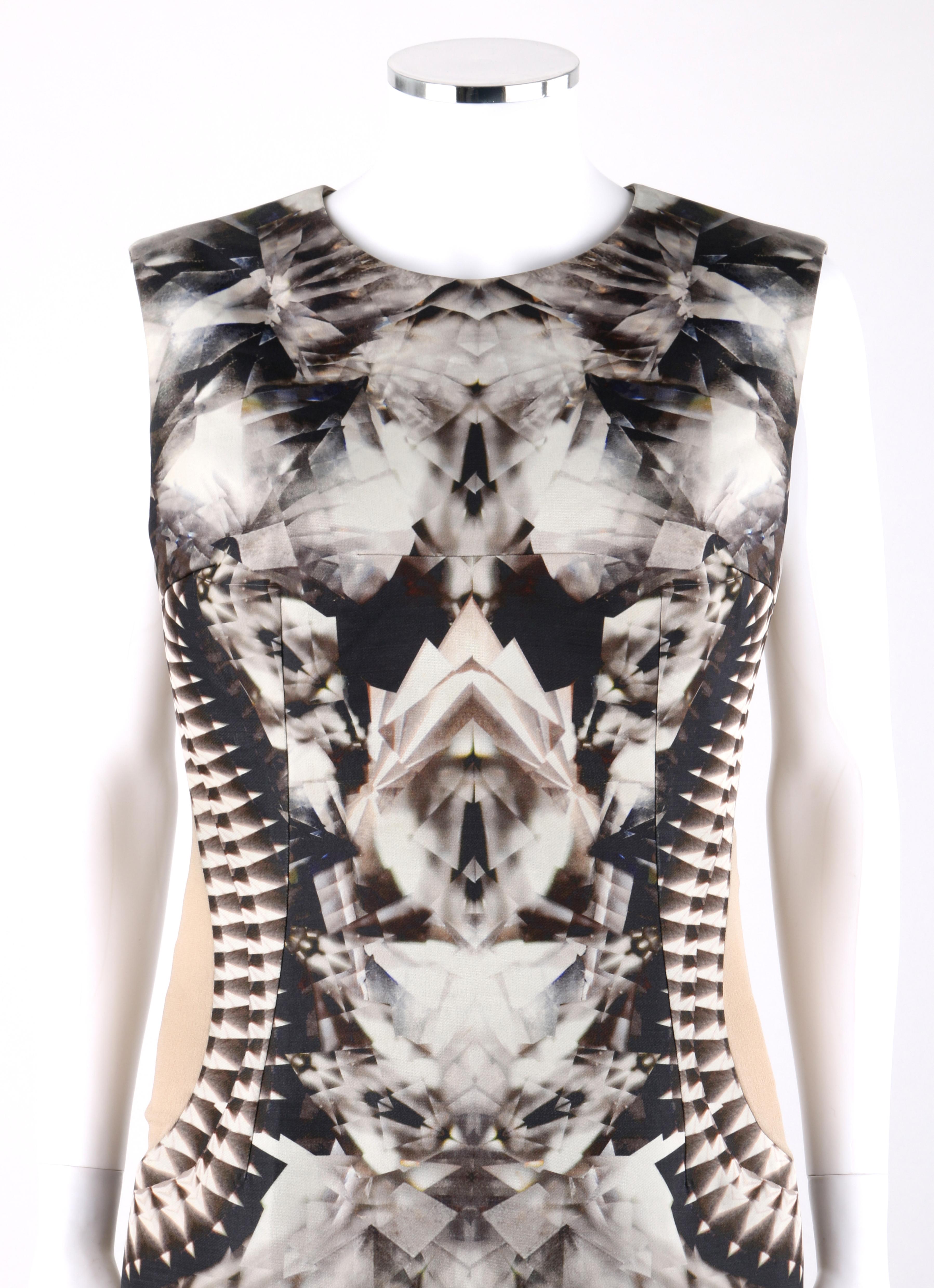 ALEXANDER McQUEEN S/S 2009 Iconic Skeleton Kaleidoscope Print Dress 44 
 
Brand / Manufacturer: Alexander McQueen
Collection: Spring/ Summer 2009 
Style: Sheath dress
Color(s): Shades of grey, black, off white, brown, tan and orange.
Lined: Yes    