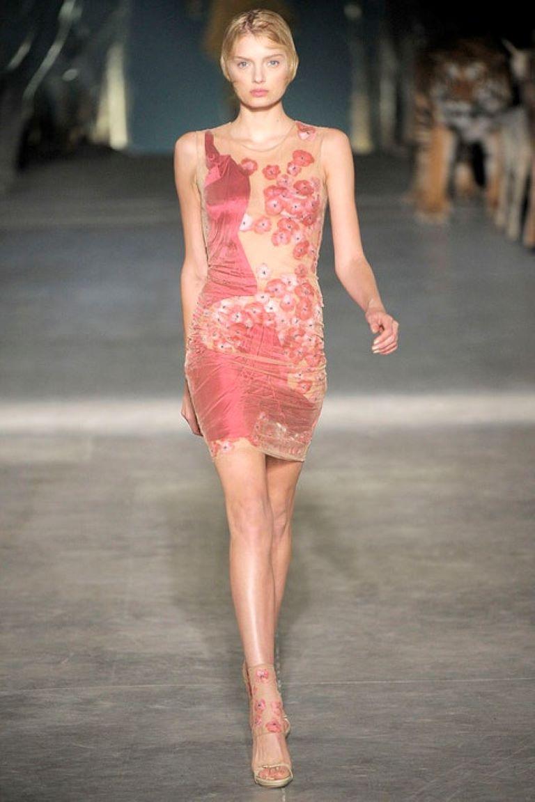 ALEXANDER McQUEEN S/S 2009 Pink Red Floral Sheer Nude Mesh Bodysuit For Sale 5