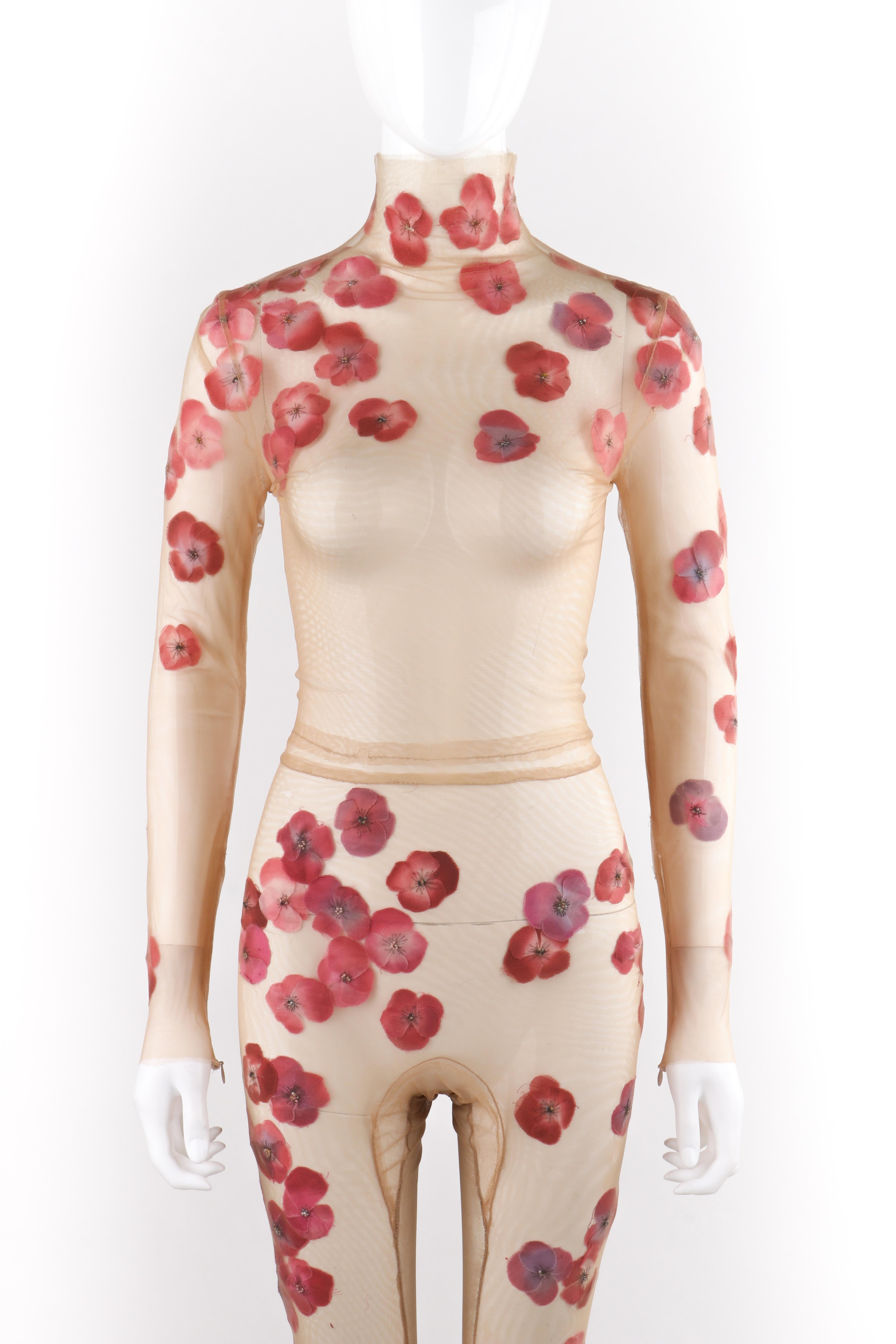 ALEXANDER McQUEEN S/S 2009 Rosa Rot Floral Durchsichtiges Nacktes Mesh Bodysuit im Zustand „Relativ gut“ im Angebot in Thiensville, WI