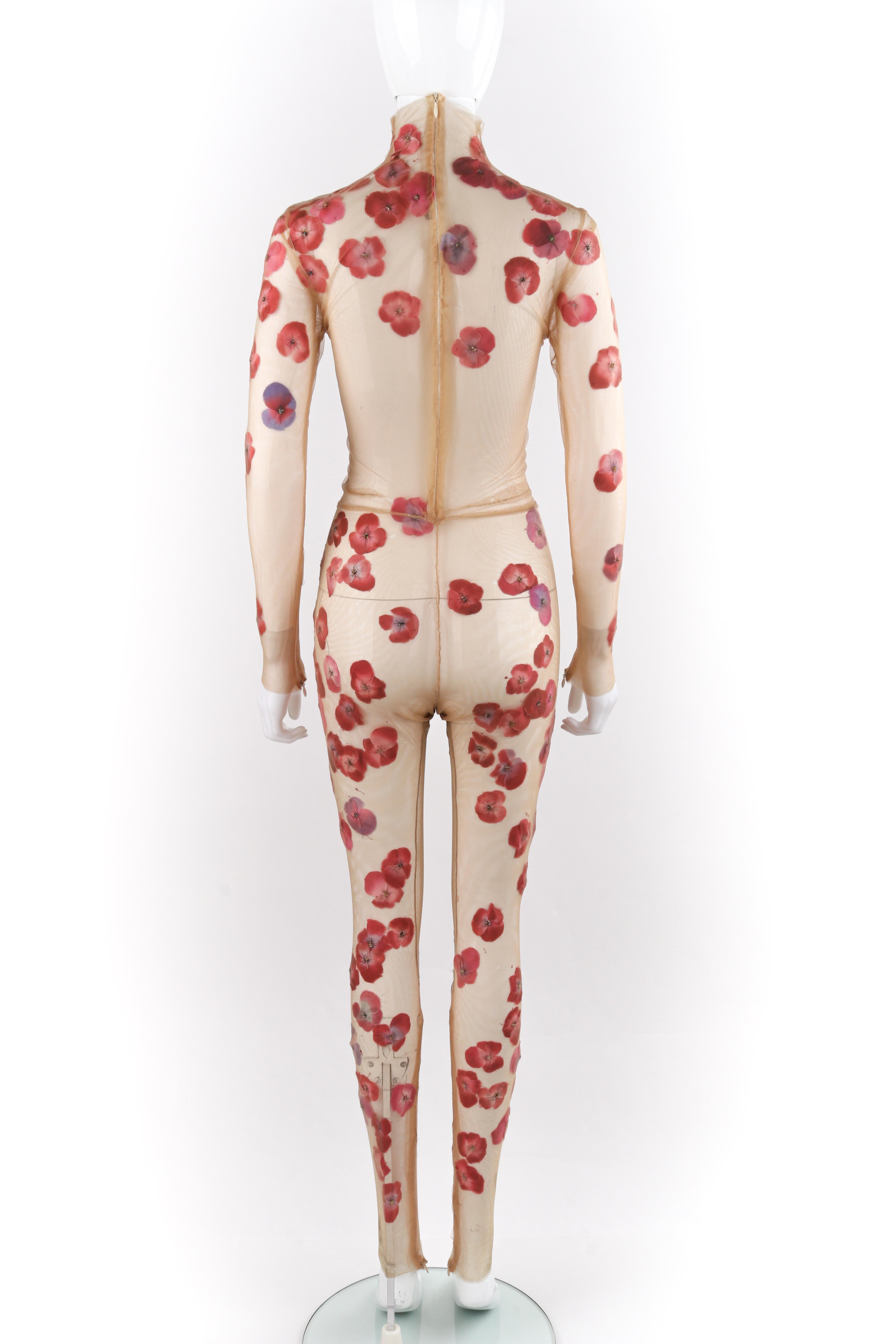 Beige ALEXANDER McQUEEN S/S 2009 Pink Red Floral Sheer Nude Mesh Bodysuit For Sale