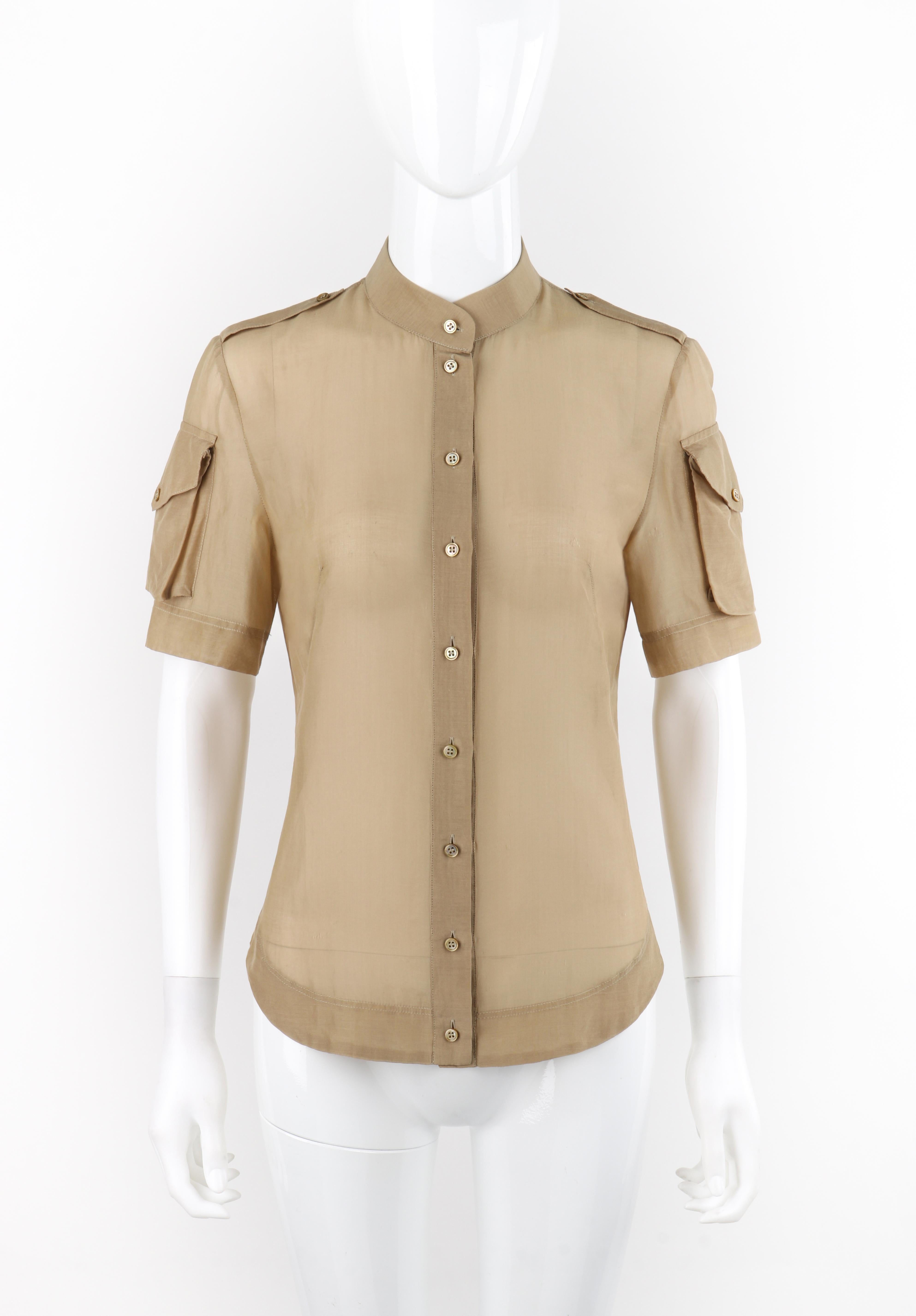Brand / Manufacturer: Alexander McQueen
Collection: S/S 2009
Designer: Alexander McQueen
Style: Button-down top
Color(s): Shades of tan
Lined: No
Marked Fabric Content: 