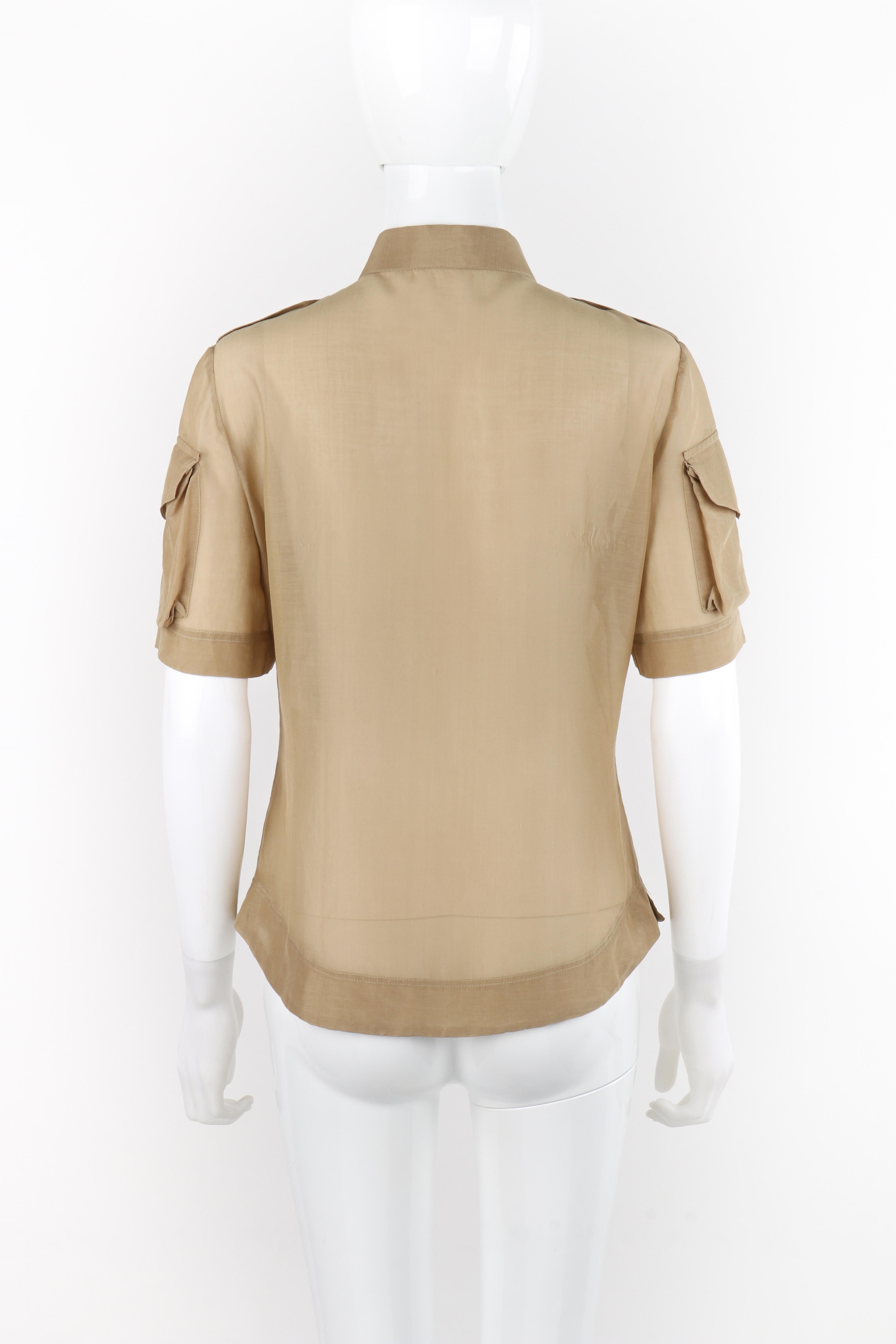 Women's ALEXANDER McQUEEN S/S 2009 Tan Semi Sheer Silk Pocket Sleeve Button-Down Top