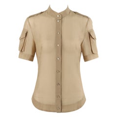 ALEXANDER McQUEEN S/S 2009 Tan Semi Sheer Silk Pocket Sleeve Button-Down Top