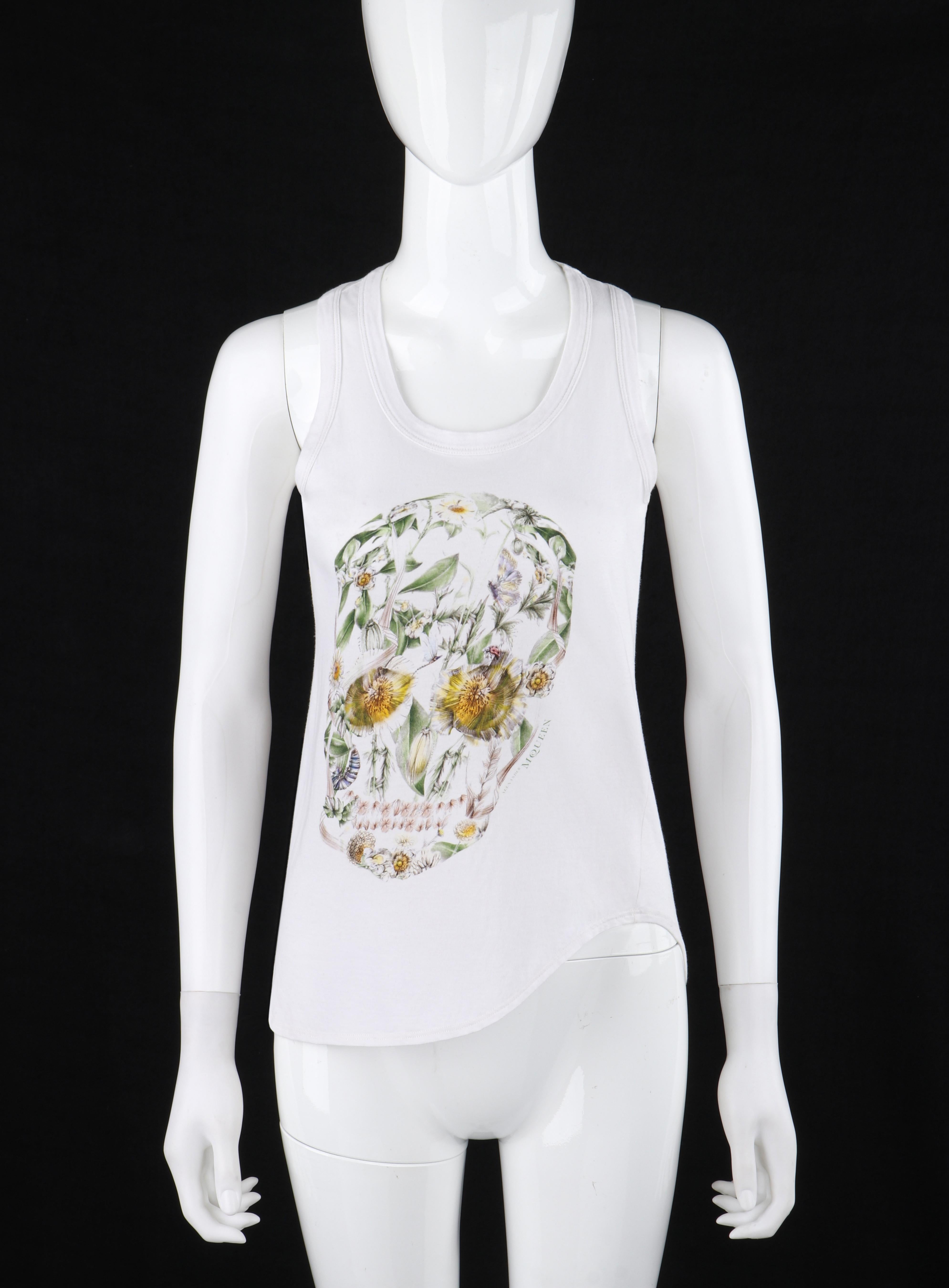 ALEXANDER McQUEEN S/S 2009 White Multicolor Floral Skull Asymmetrical Tank Top In Good Condition For Sale In Thiensville, WI