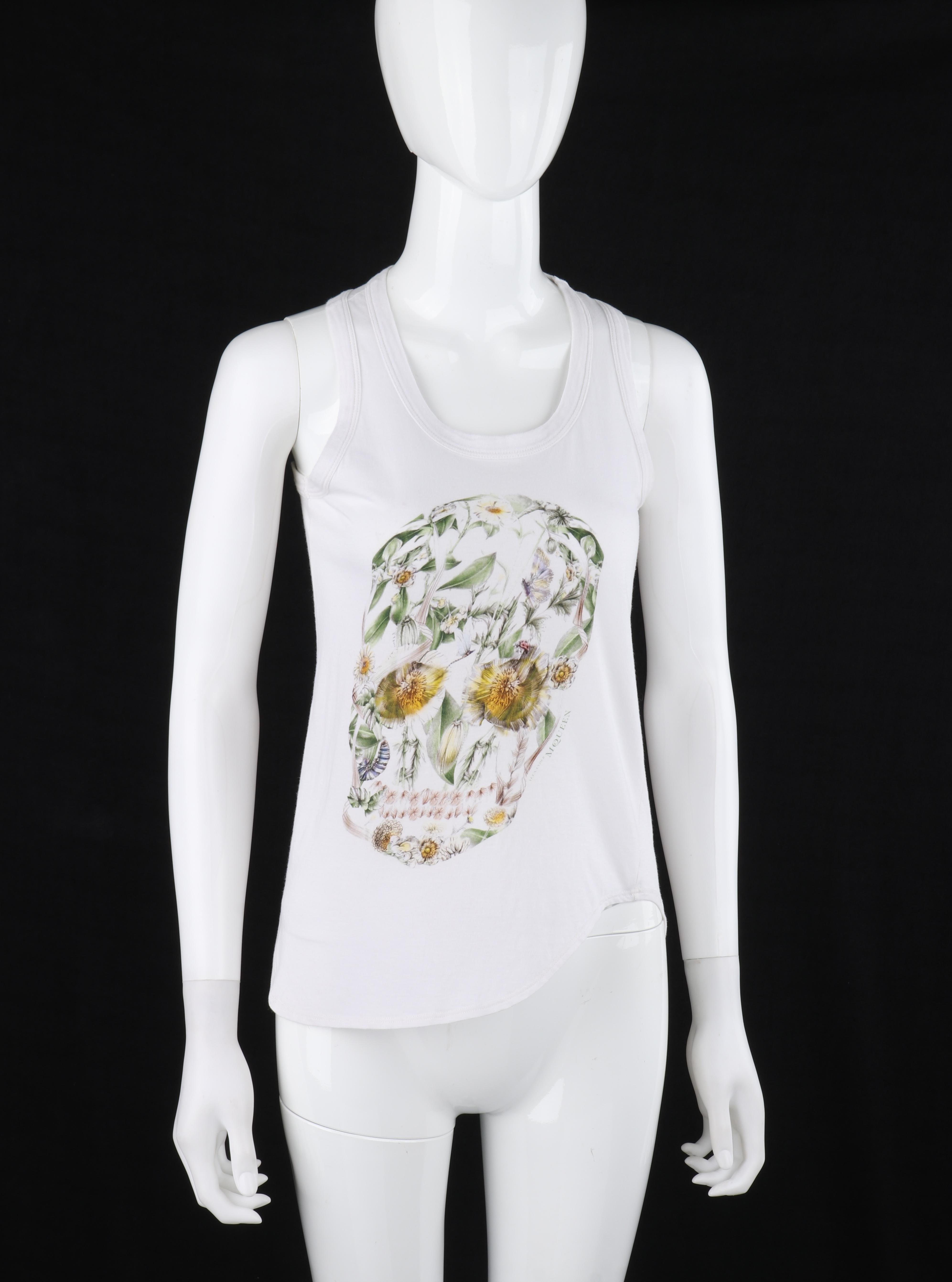 Women's ALEXANDER McQUEEN S/S 2009 White Multicolor Floral Skull Asymmetrical Tank Top For Sale