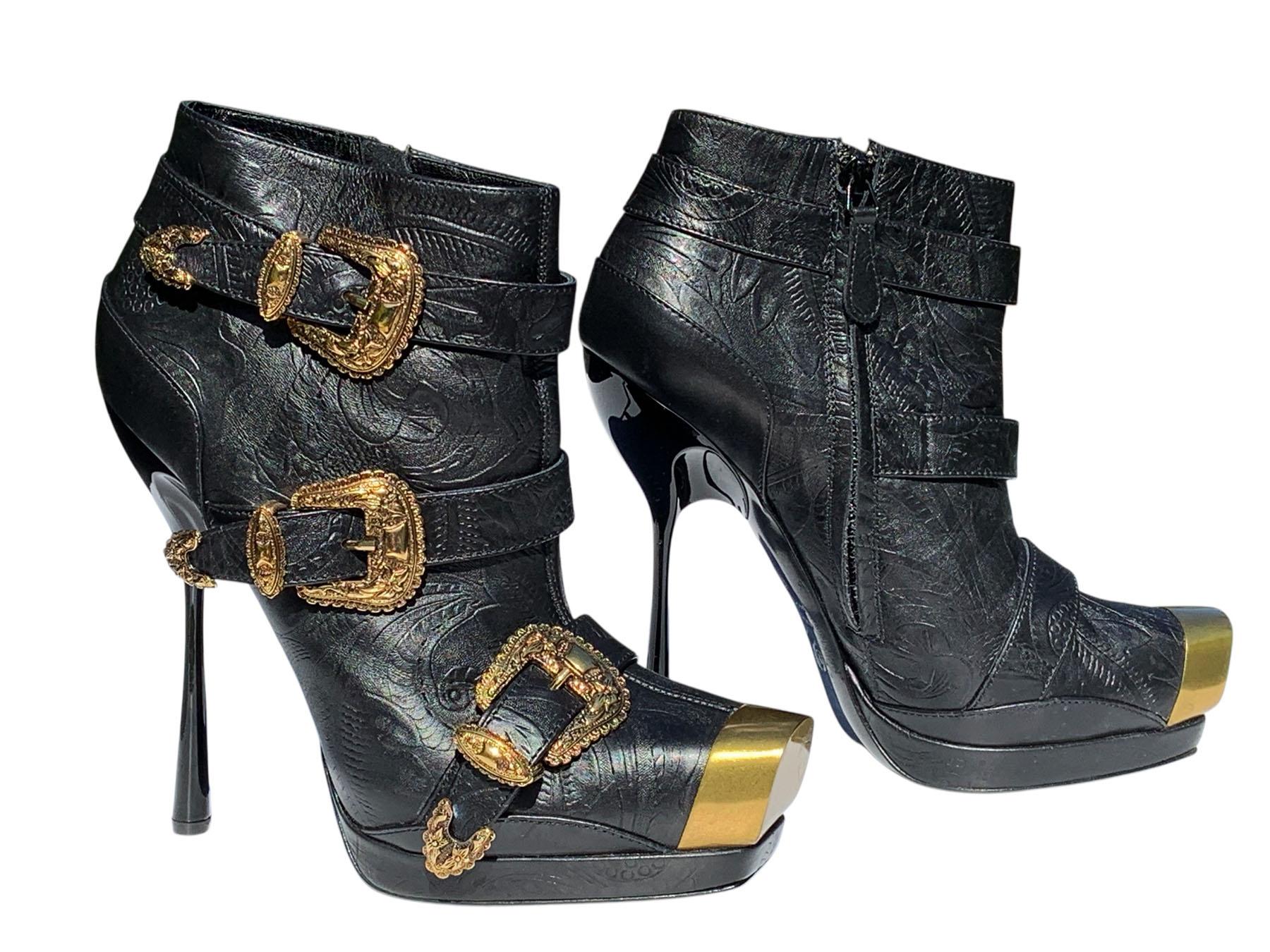 Alexander McQueen by Sarah Burton *Rona* Black Embossed Leather Embellished Ankle Boots
S/S 2011 Runway Collection
Italian size - 38.5 
These striking ankle boots blend the brand’s signature theatrical edge with refined craftsmanship. Crafted in