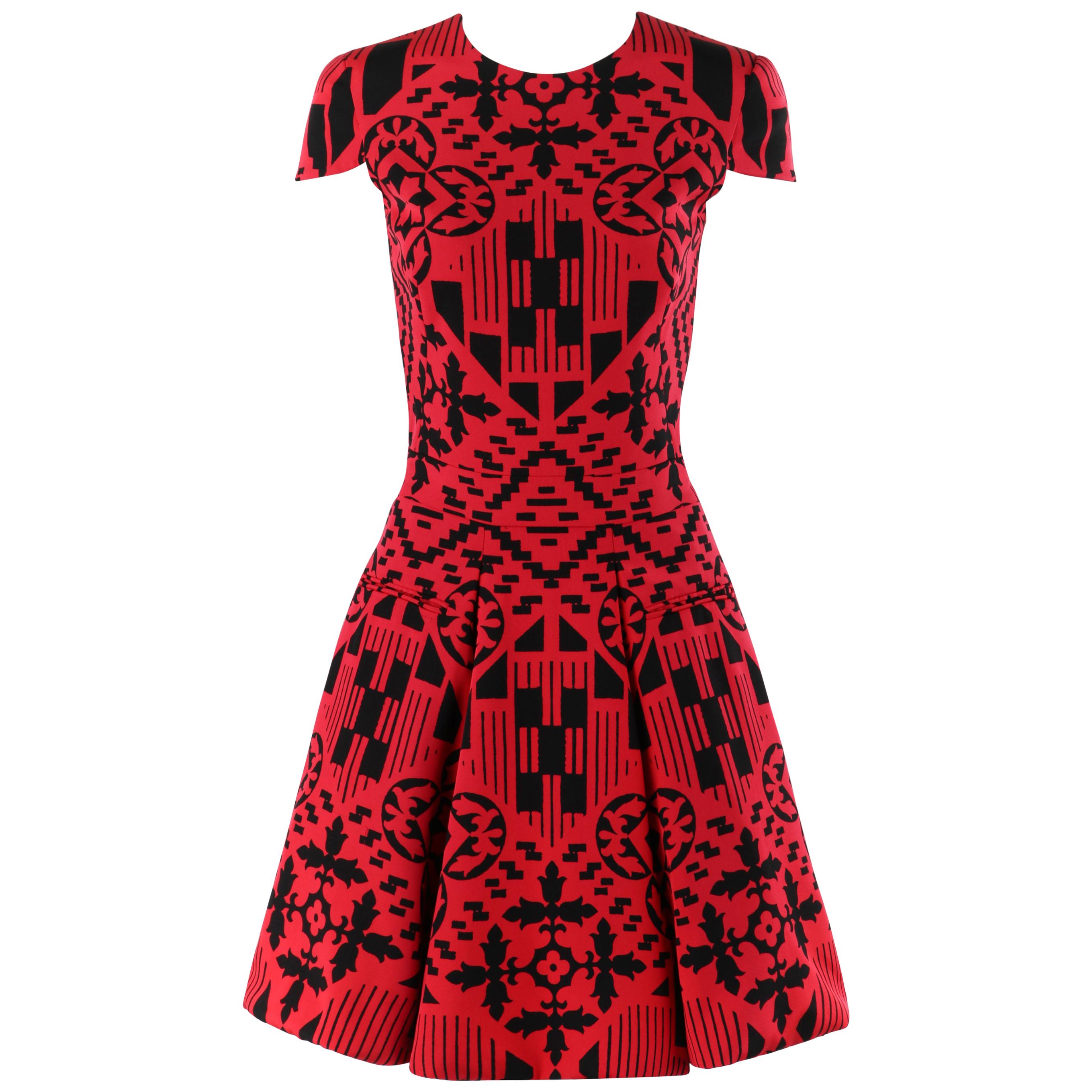 ALEXANDER McQUEEN S/S 2014 Red Black Mosaic Shape Print Fit N Flare Skater Dress