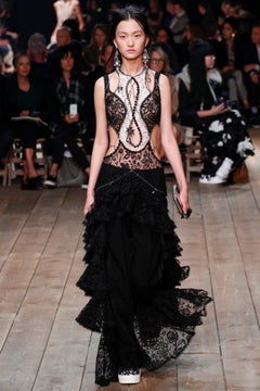 Alexander McQueen S/S 2016 Black And Ivory Lace Cut-Out Tiered High-Low Gown