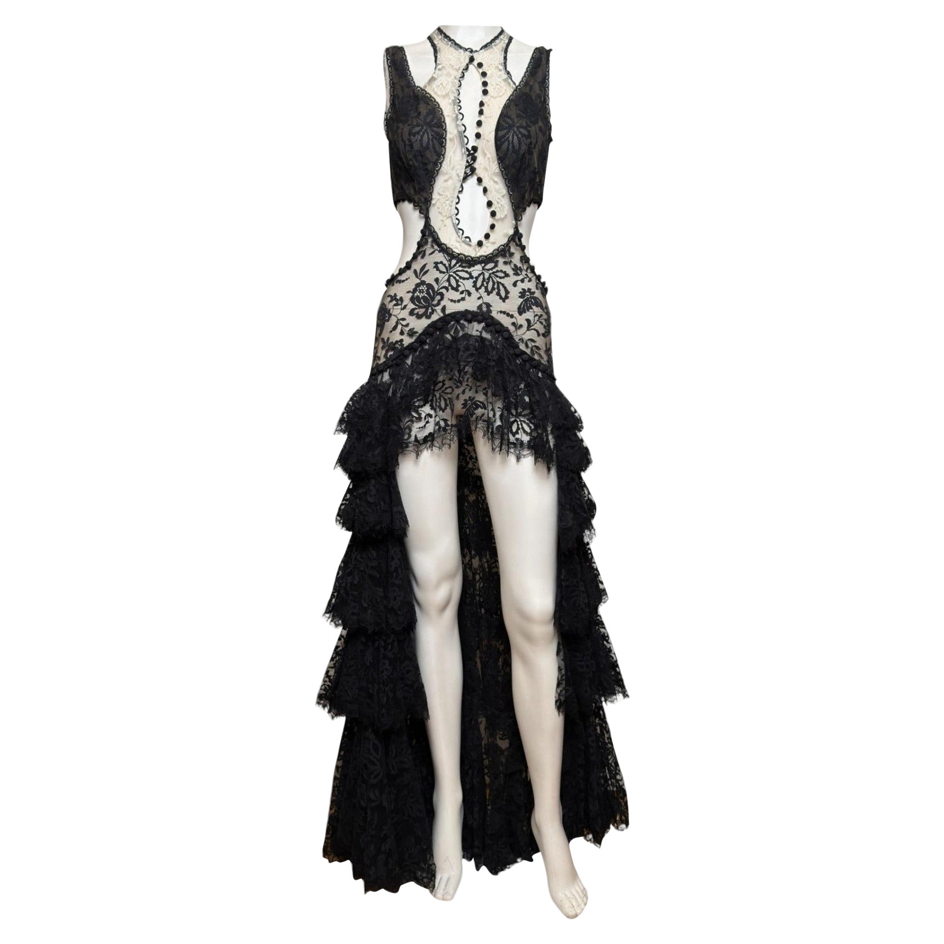 Alexander McQueen S/S 2016 Black And Ivory Lace Cut-Out Tiered High-Low Gown