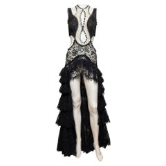 Alexander McQueen S/S 2016 Black And Ivory Lace Cut-Out Tiered High-Low Gown