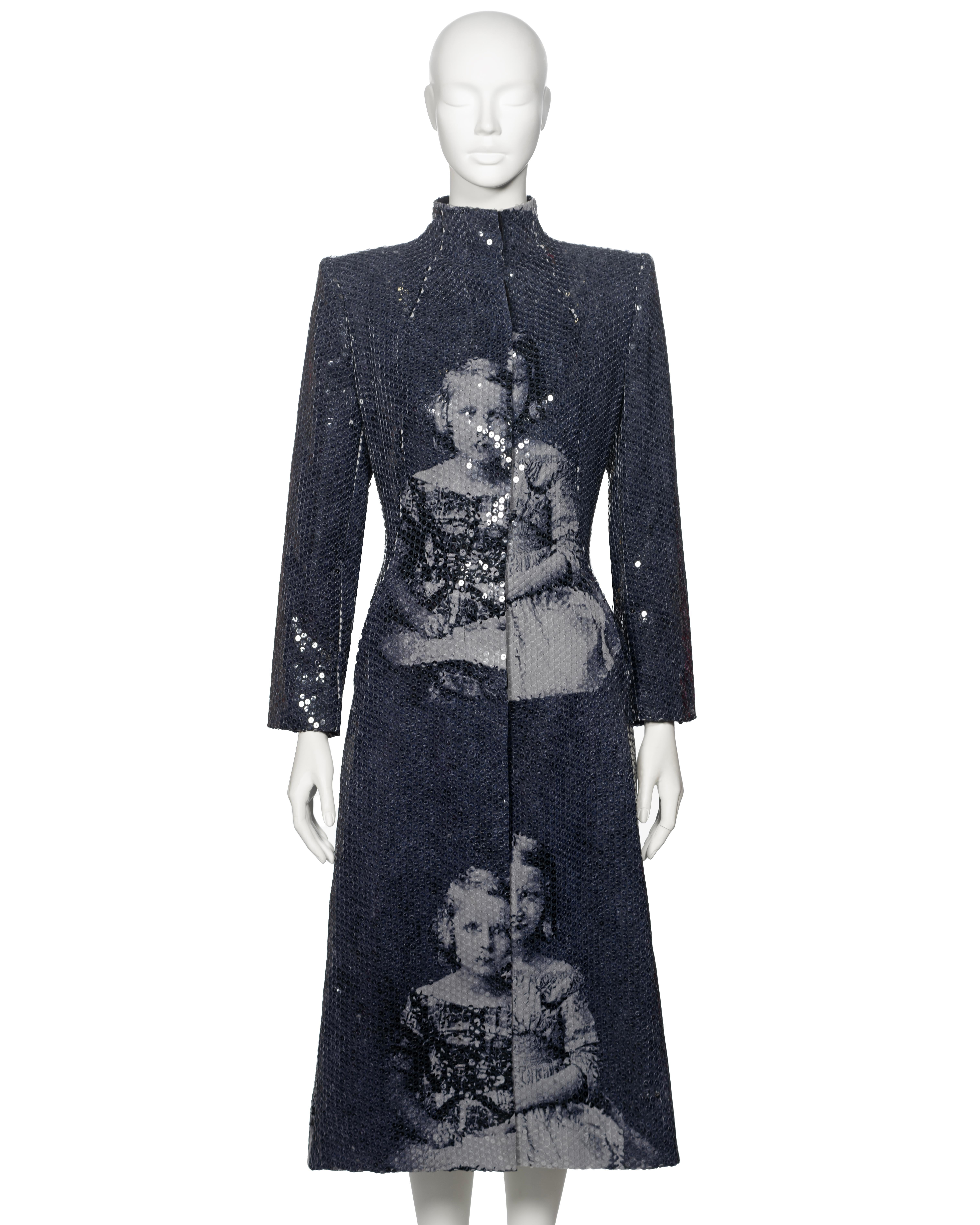 ▪ Archival Alexander McQueen Sequin Evening Coat
▪ Creative Director: Alexander McQueen
▪ Joan Collection, Fall-Winter 1998
▪ Museum Grade 
▪ Sequins printed with the 1845 image of three girls by photographer Carl Gustav Oehme
▪ Concealed front