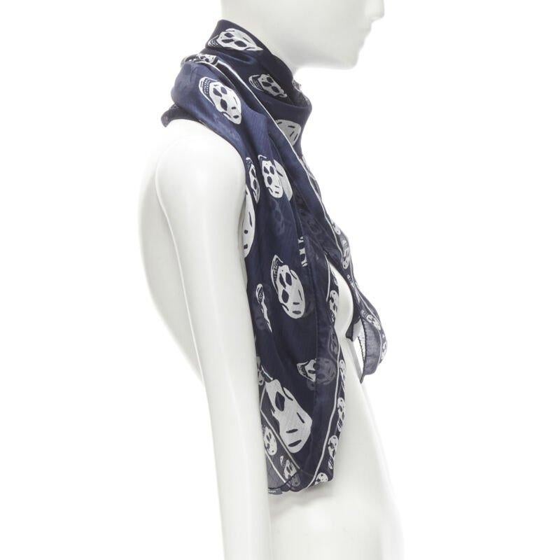 ALEXANDER MCQUEEN Signature navy blue white skeleton skull print scarf In Excellent Condition In Hong Kong, NT