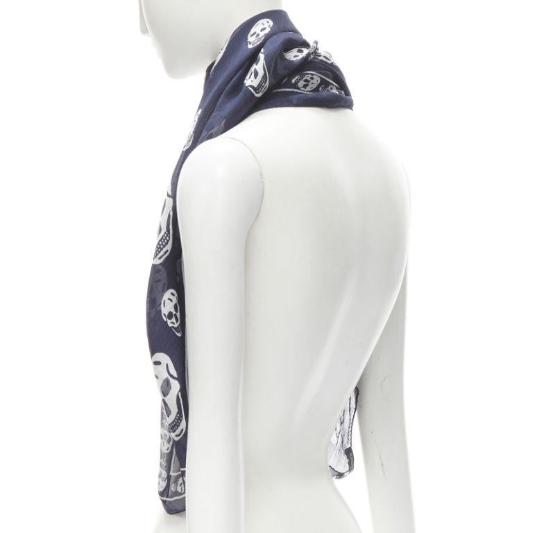 ALEXANDER MCQUEEN Signature navy blue white skeleton skull print scarf For Sale 2