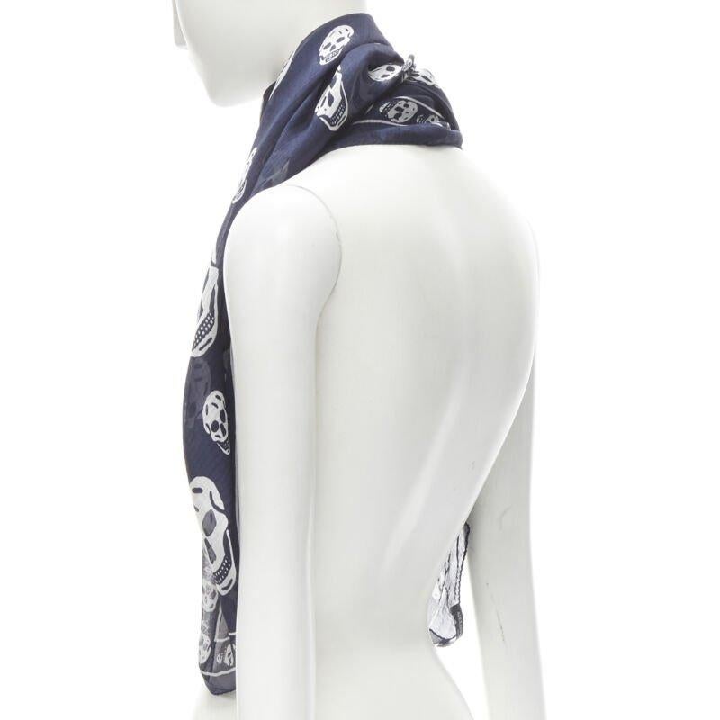 ALEXANDER MCQUEEN Signature navy blue white skeleton skull print scarf 1
