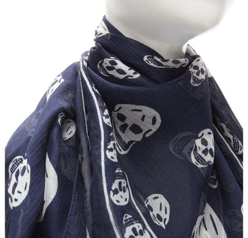 ALEXANDER MCQUEEN Signature navy blue white skeleton skull print scarf For Sale 3