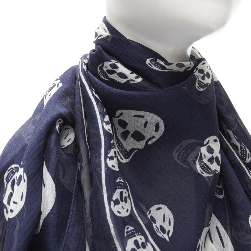 ALEXANDER MCQUEEN Signature navy blue white skeleton skull print scarf 2