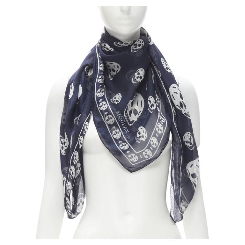 ALEXANDER MCQUEEN Signature navy blue white skeleton skull print scarf For Sale