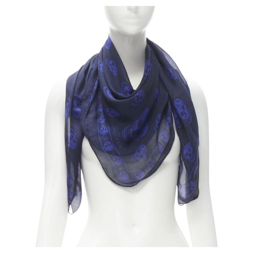 ALEXANDER MCQUEEN Signature navy cobalt blue skeleton skull print scarf For Sale