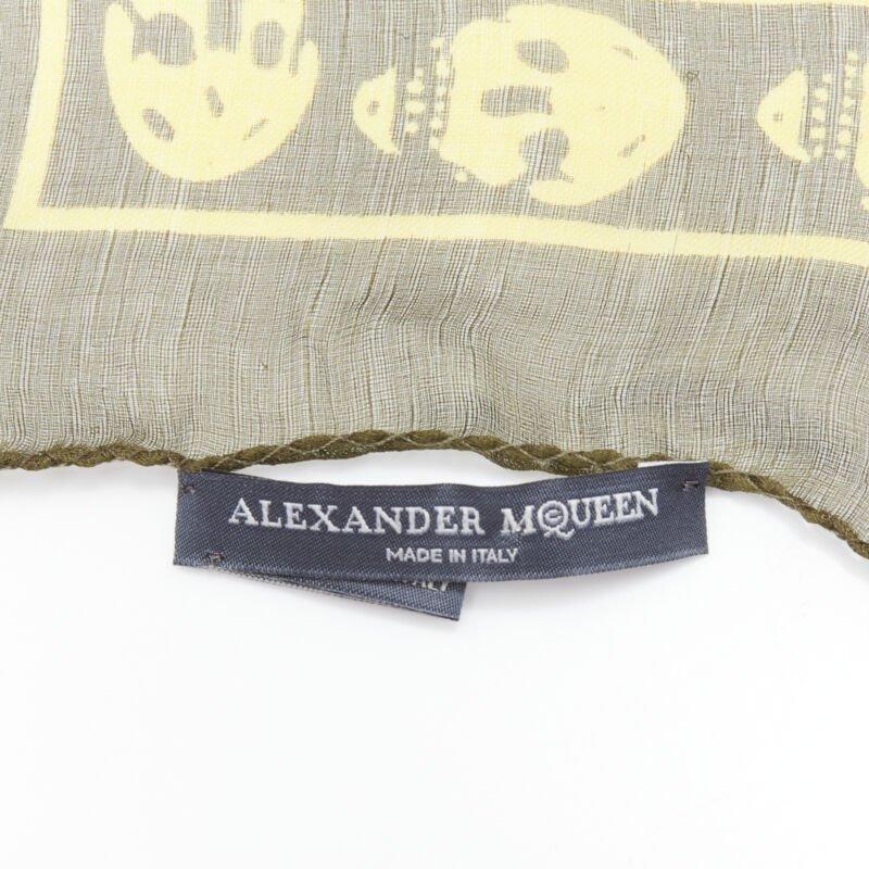 ALEXANDER MCQUEEN Signature skeleton skull green yellow 100% silk scarf 2
