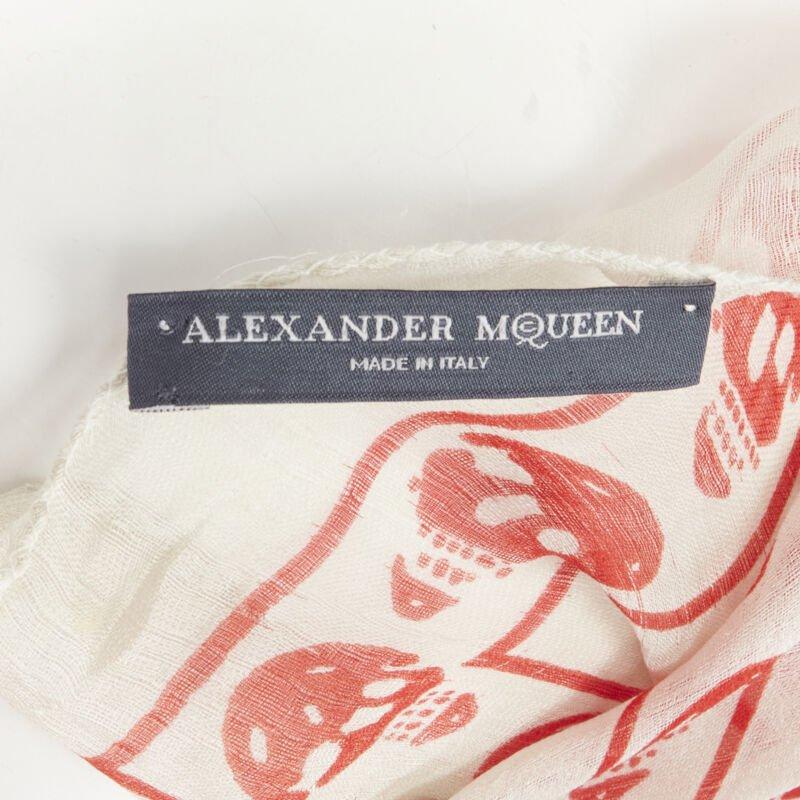 ALEXANDER MCQUEEN Signature skeleton skull light grey red silk scarf For Sale 2
