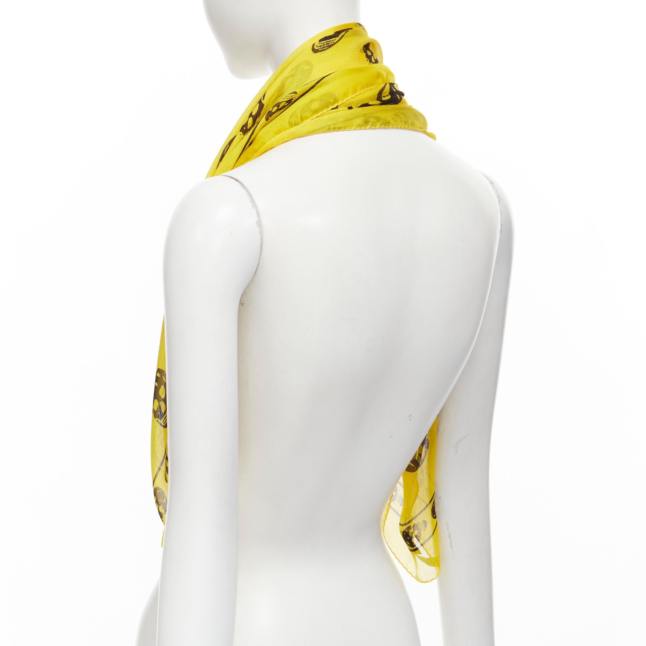ALEXANDER MCQUEEN Signature skeleton skull yellow black 100% silk scarf In Excellent Condition In Hong Kong, NT