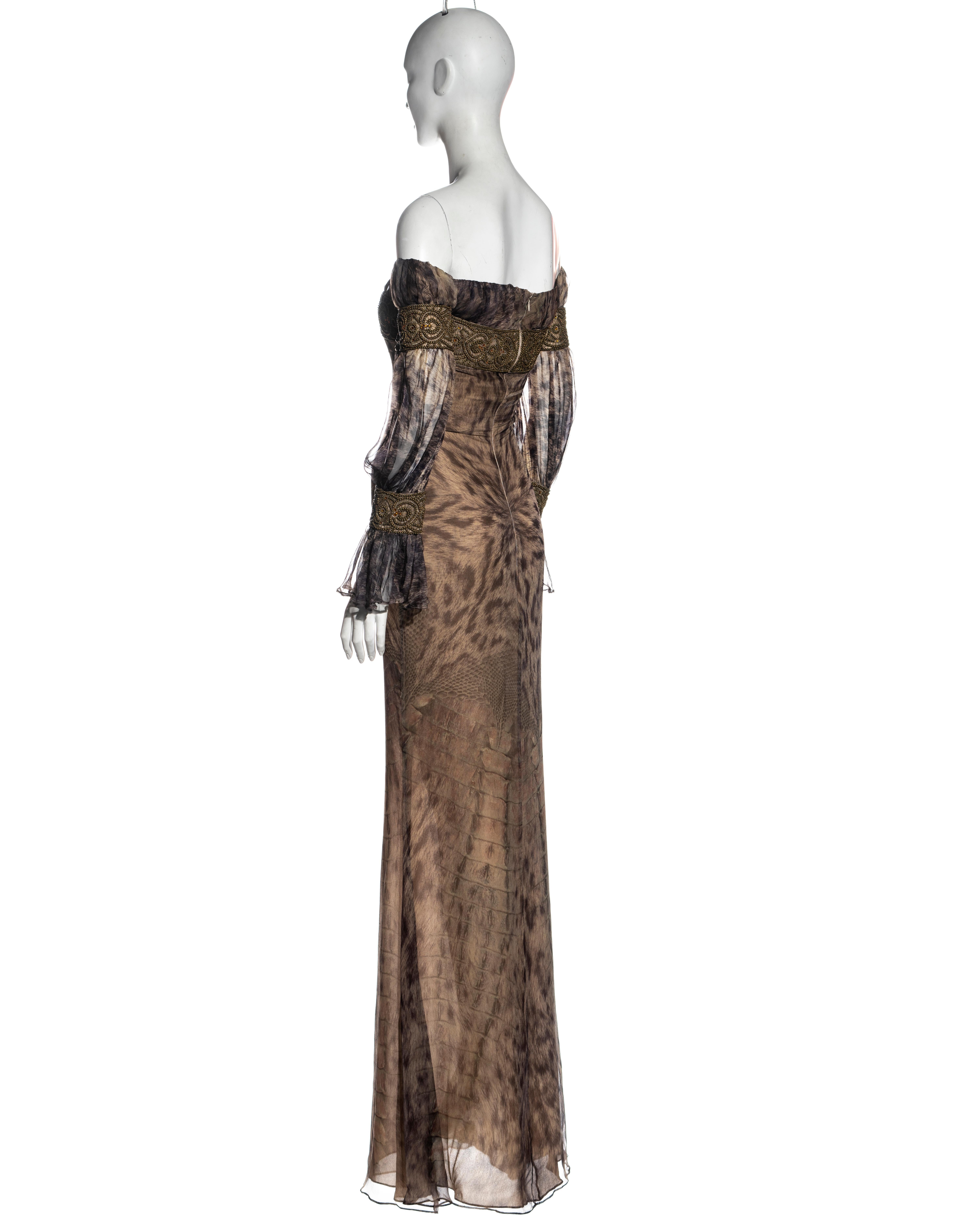 Alexander McQueen silk animal print beaded off shoulder evening dress, fw 2004 For Sale 5