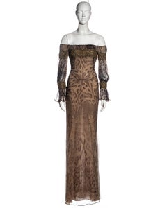 Alexander McQueen silk animal print beaded off shoulder evening dress, fw 2004