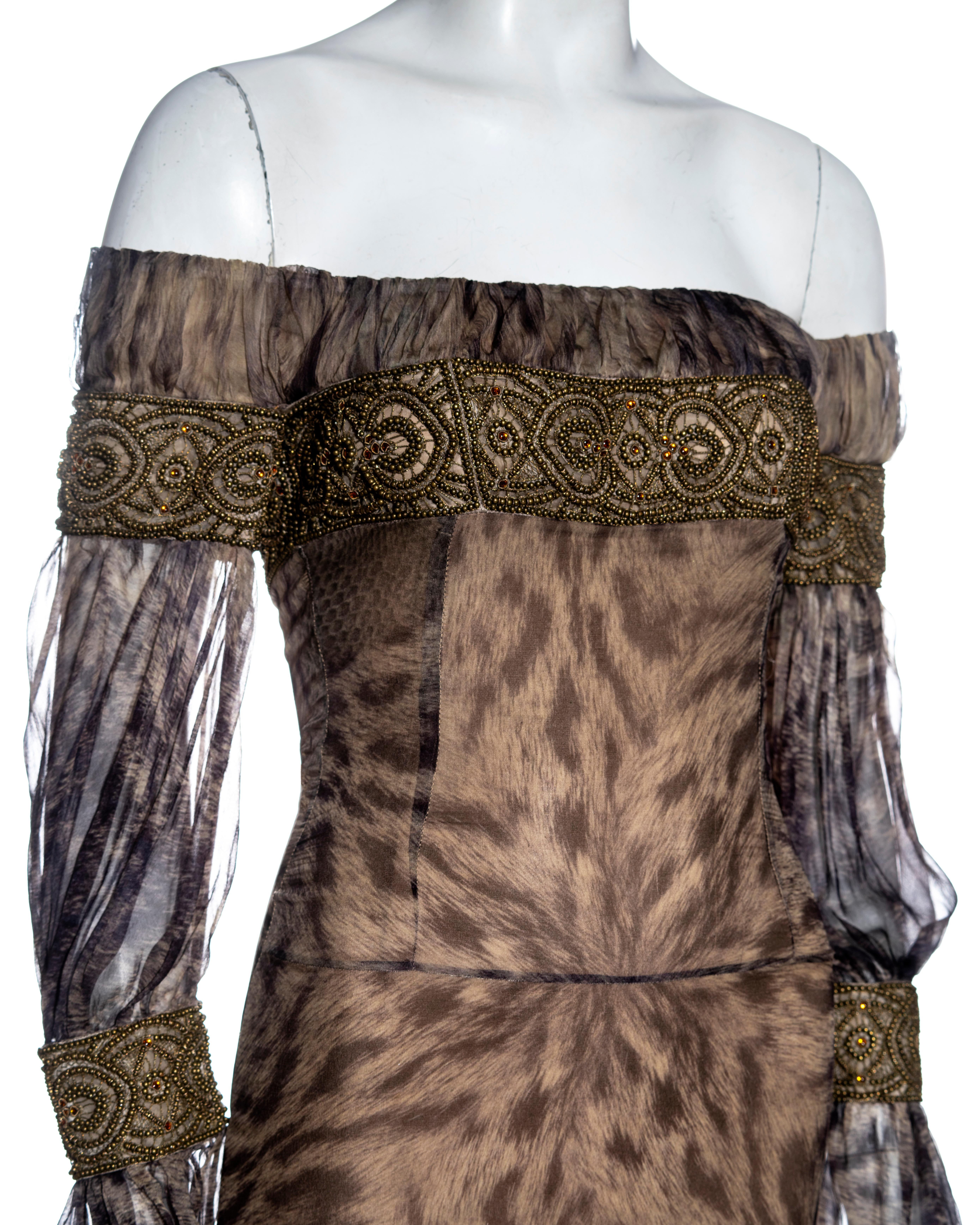 Brown Alexander McQueen silk animal print beaded off shoulder evening dress, fw 2004 For Sale