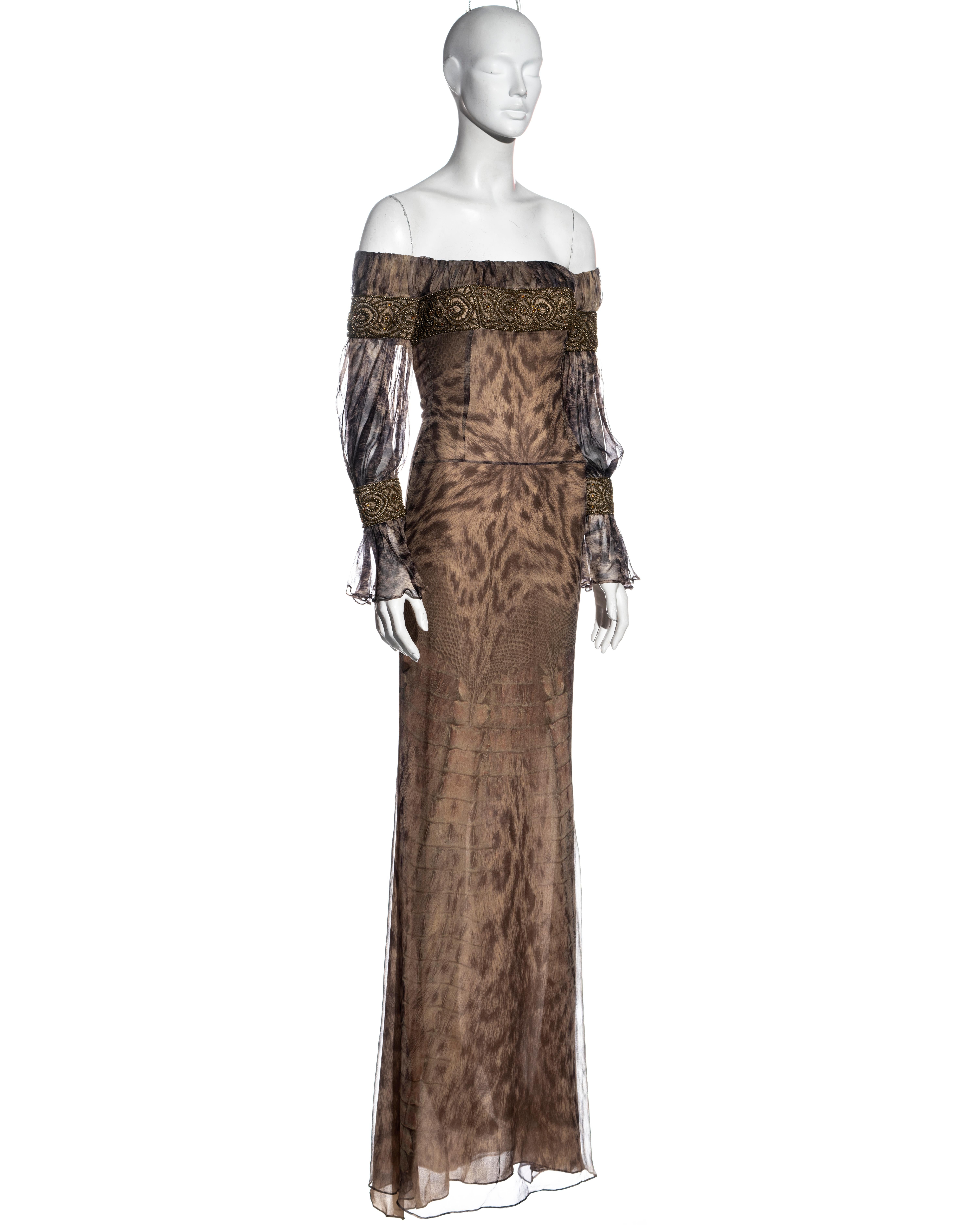 Alexander McQueen silk animal print beaded off shoulder evening dress, fw 2004 In Excellent Condition For Sale In London, GB