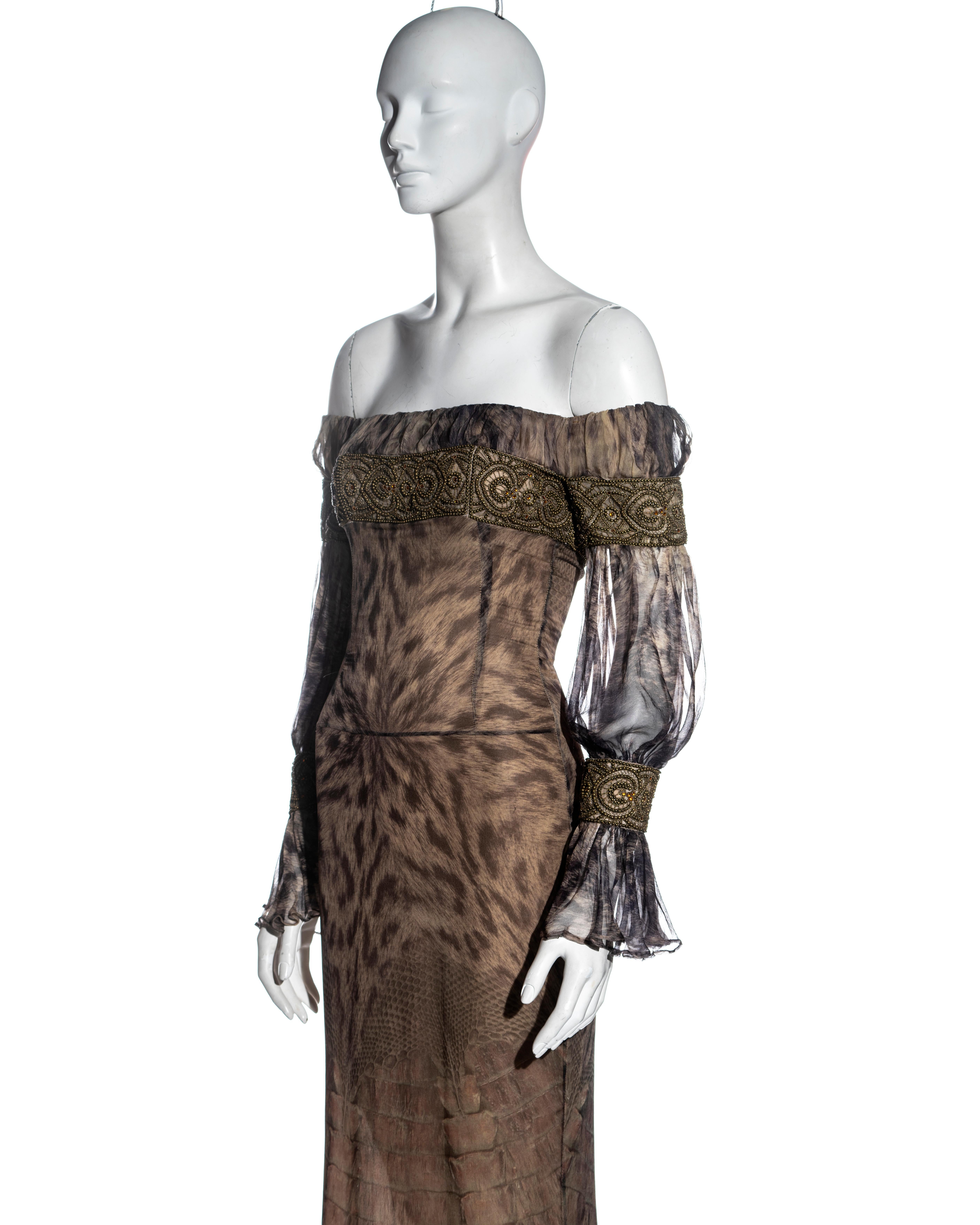 Alexander McQueen silk animal print beaded off shoulder evening dress, fw 2004 For Sale 1