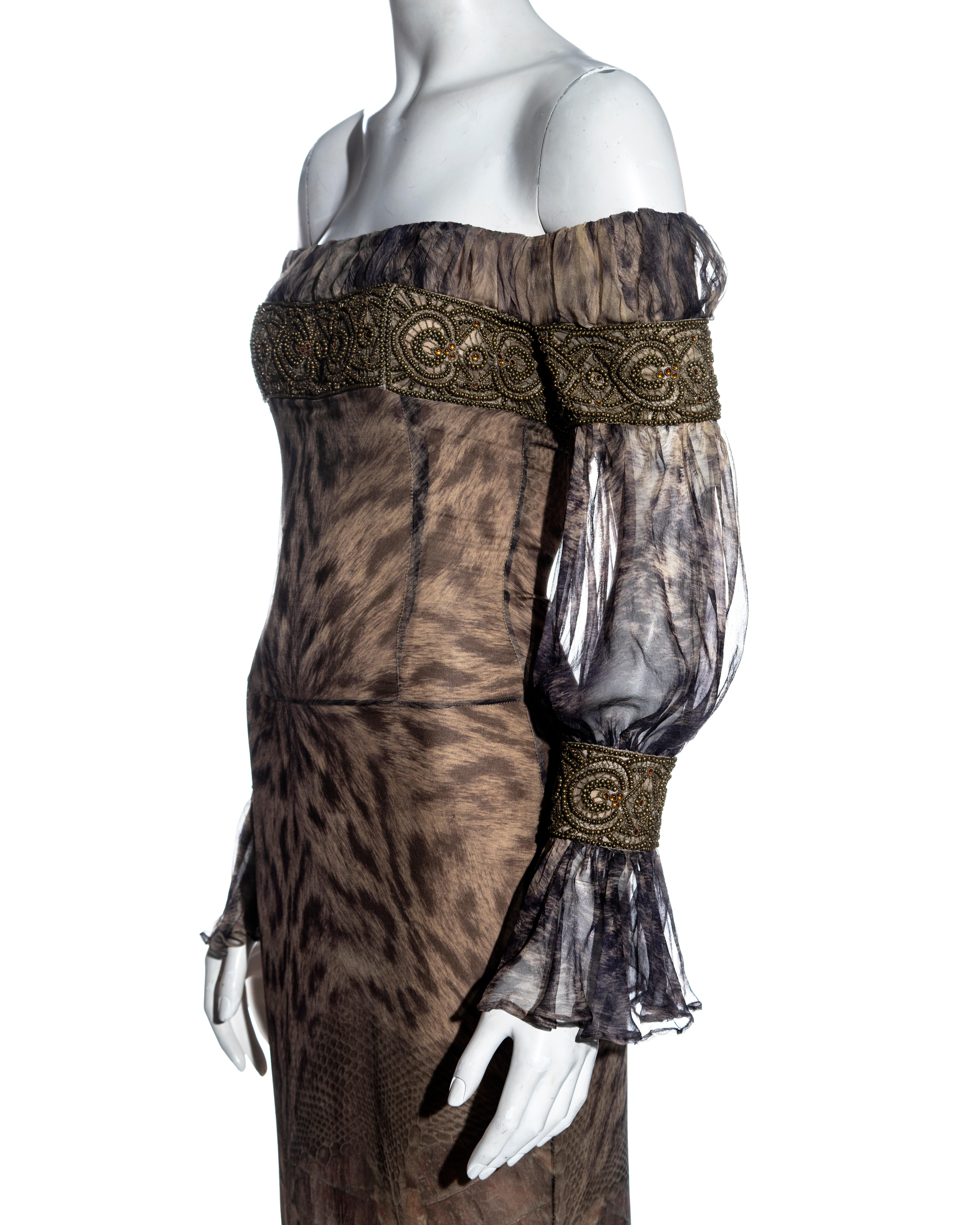 Alexander McQueen silk animal print beaded off shoulder evening dress, fw 2004 For Sale 3