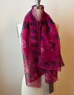 Alexander Mcqueen Silk Butterfly and Skull Semi-Sheer Fuchsia Red Scarf
