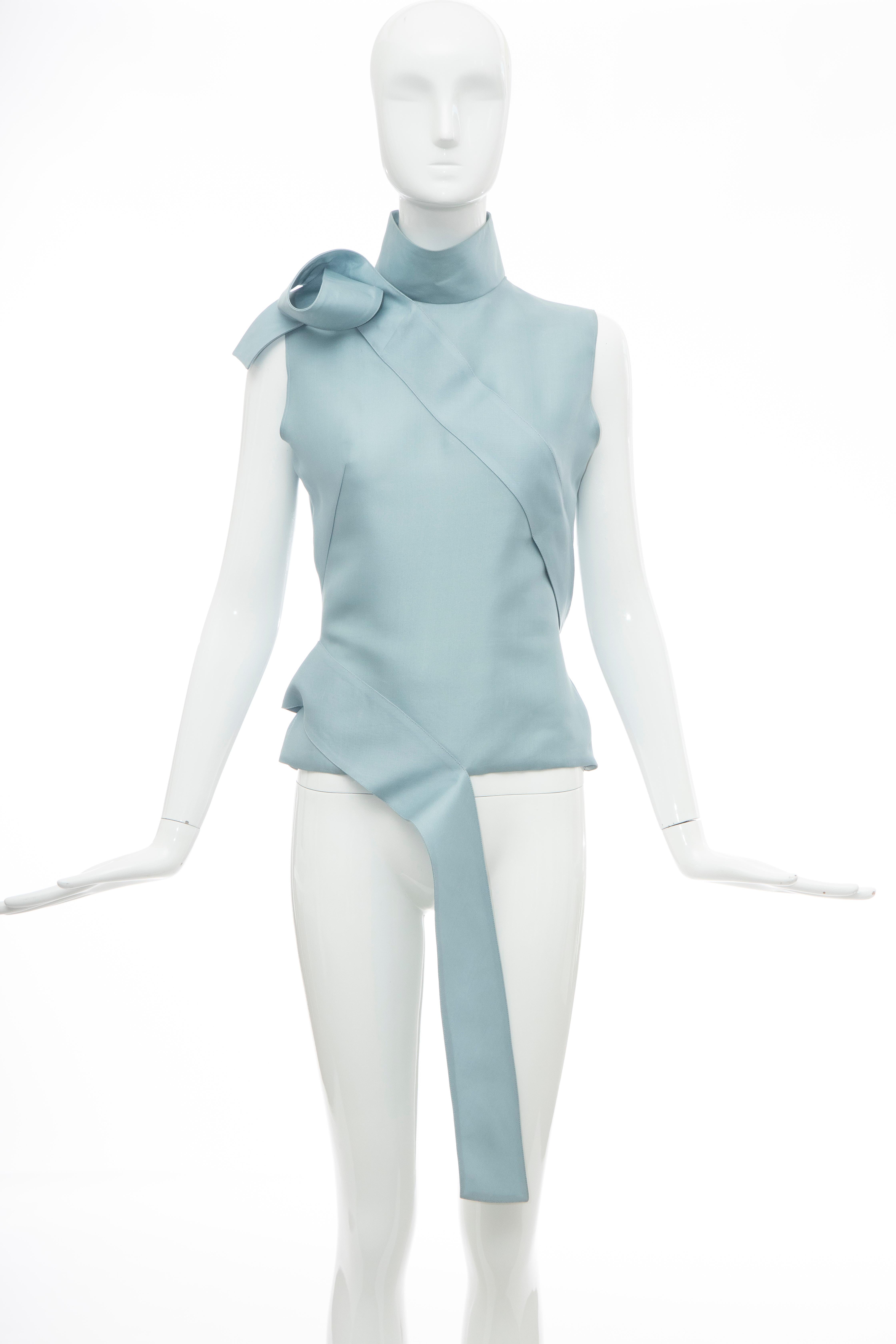 Alexander McQueen, Dante Collection, Fall 1996, cornflower blue silk gazar sleeveless turtleneck top with tonal stitching, layered accents throughout and concealed zip closure at back.

IT. 40. US. 4

Bust: 34, Waist: 28, Length: 22

Fabric: 100%