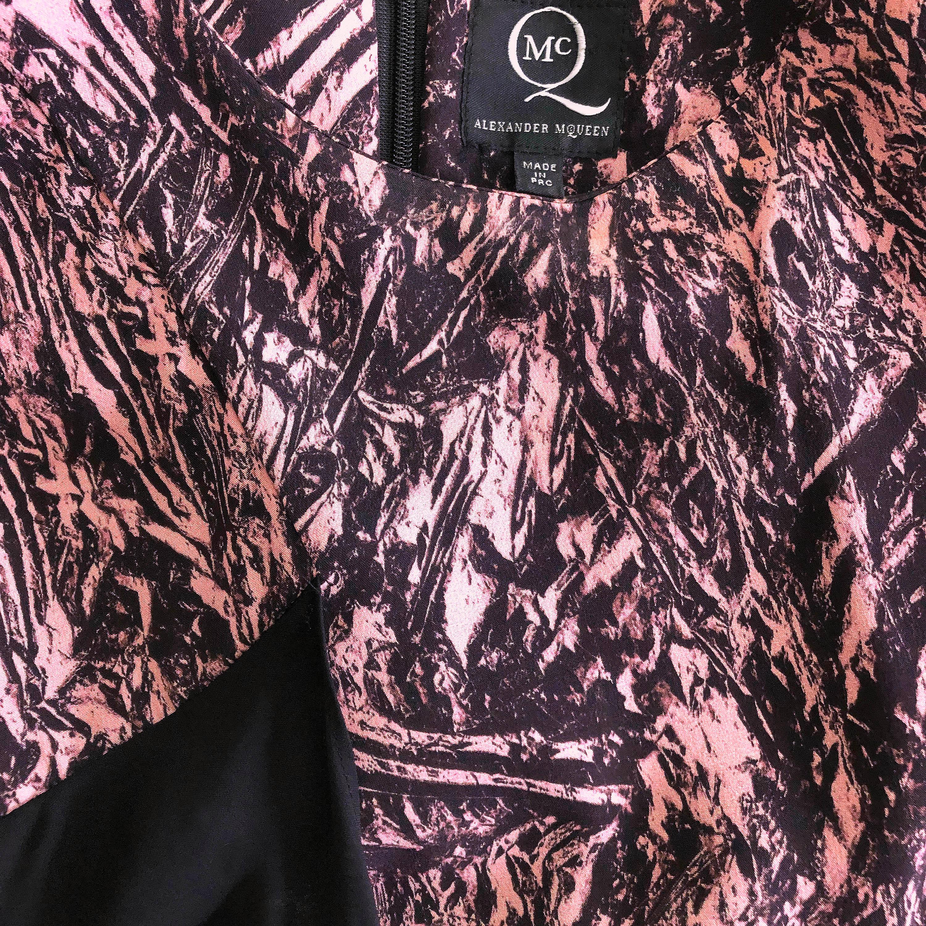 Alexander McQueen - Silk Shift Dress - Cascading Side Panel - Pink + Black Print For Sale 3
