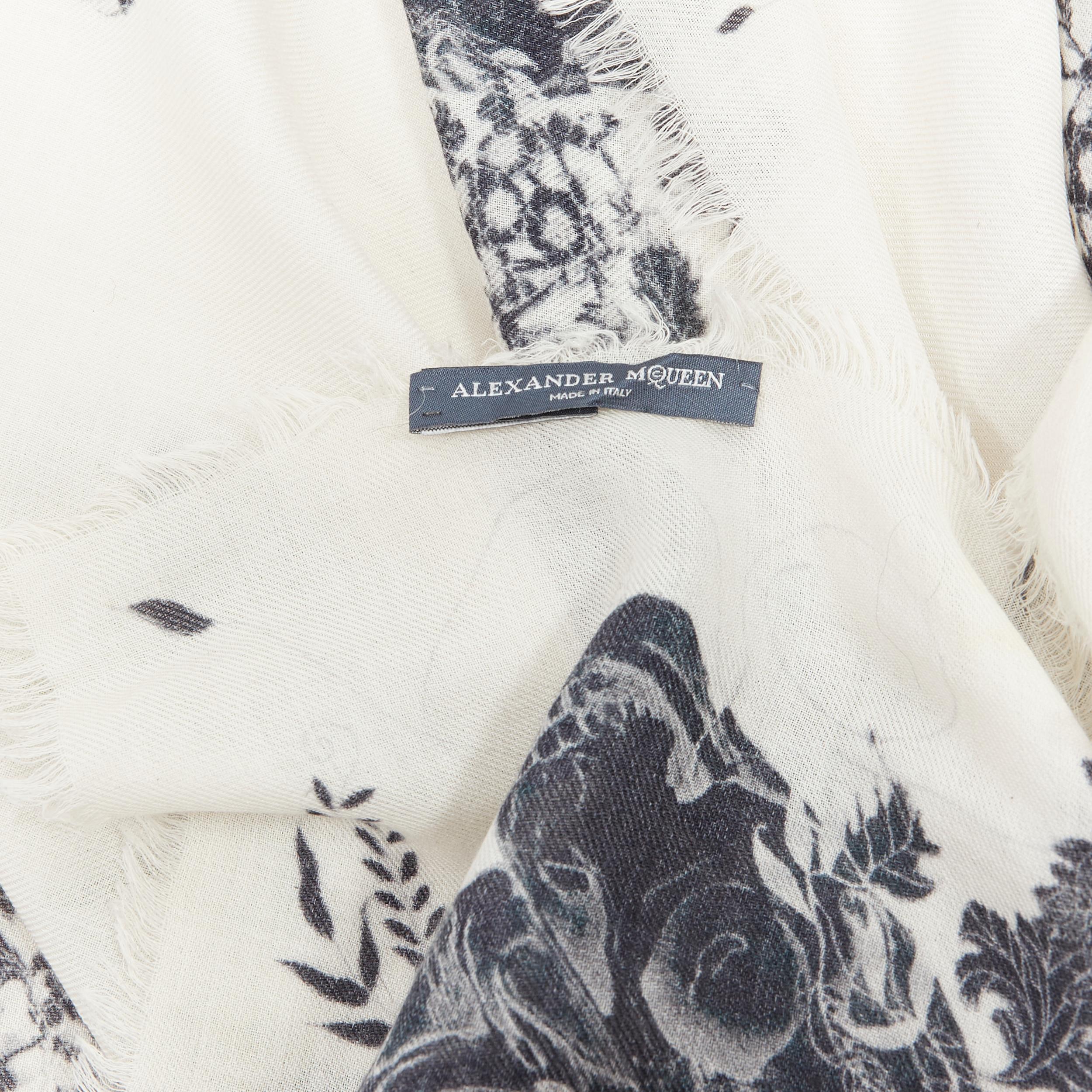 Women's ALEXANDER MCQUEEN silk wool black white sull floral bordered print frayed scarf