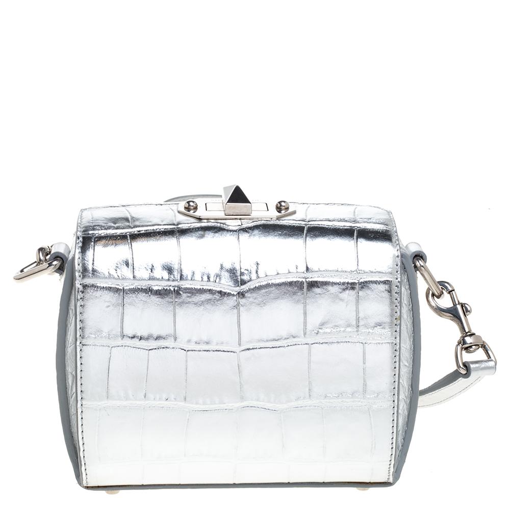 Alexander McQueen Silver Croc Embossed Patent Leather Box 16 Shoulder Bag In Good Condition In Dubai, Al Qouz 2