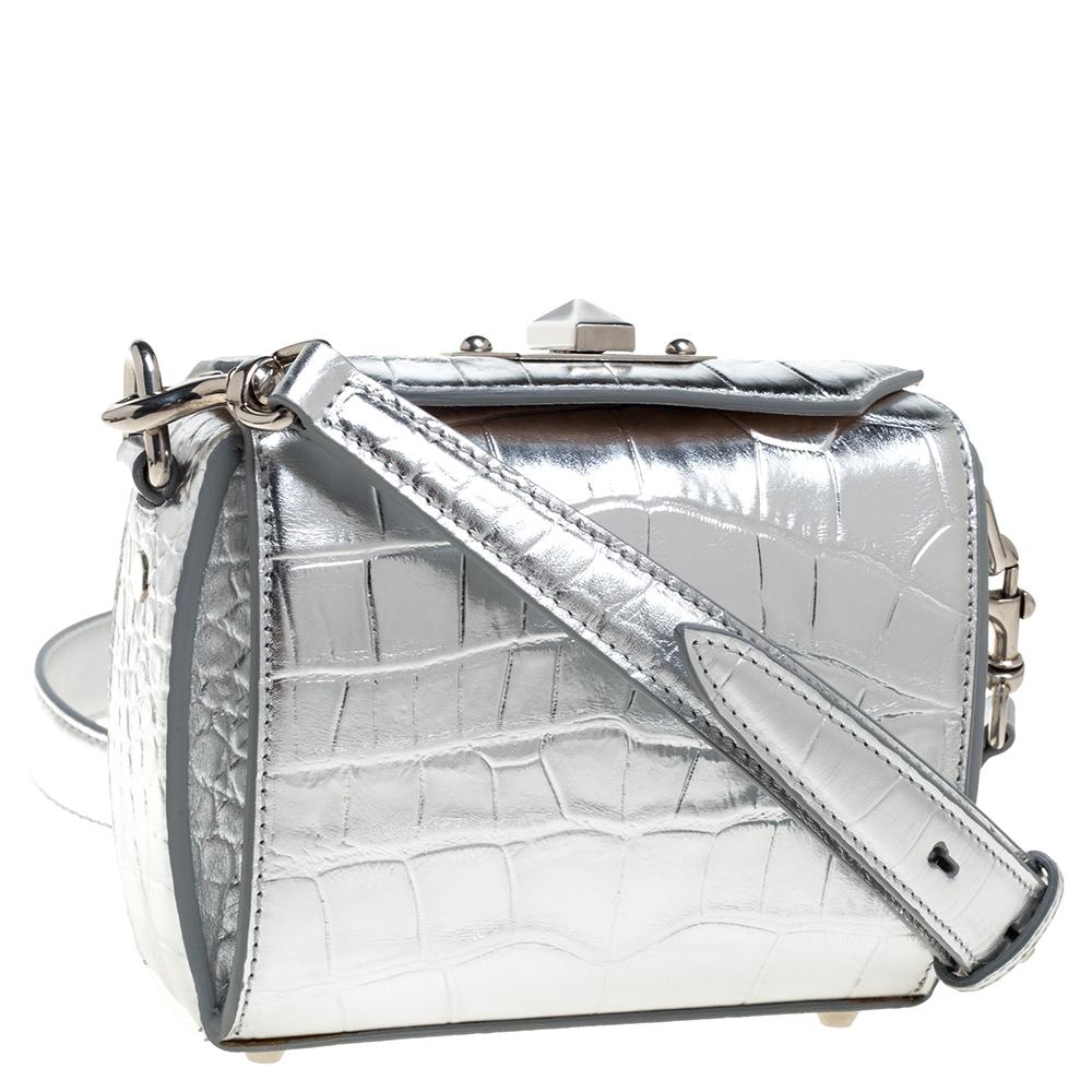 Women's Alexander McQueen Silver Croc Embossed Patent Leather Box 16 Shoulder Bag