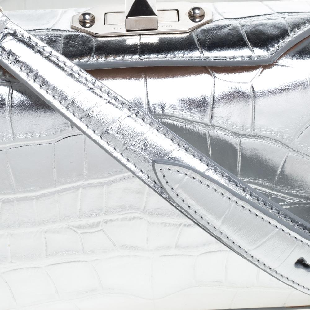 Alexander McQueen Silver Croc Embossed Patent Leather Box 16 Shoulder Bag 3