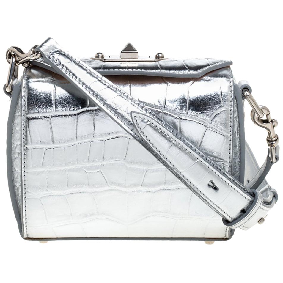 Alexander McQueen Silver Croc Embossed Patent Leather Box 16 Shoulder Bag