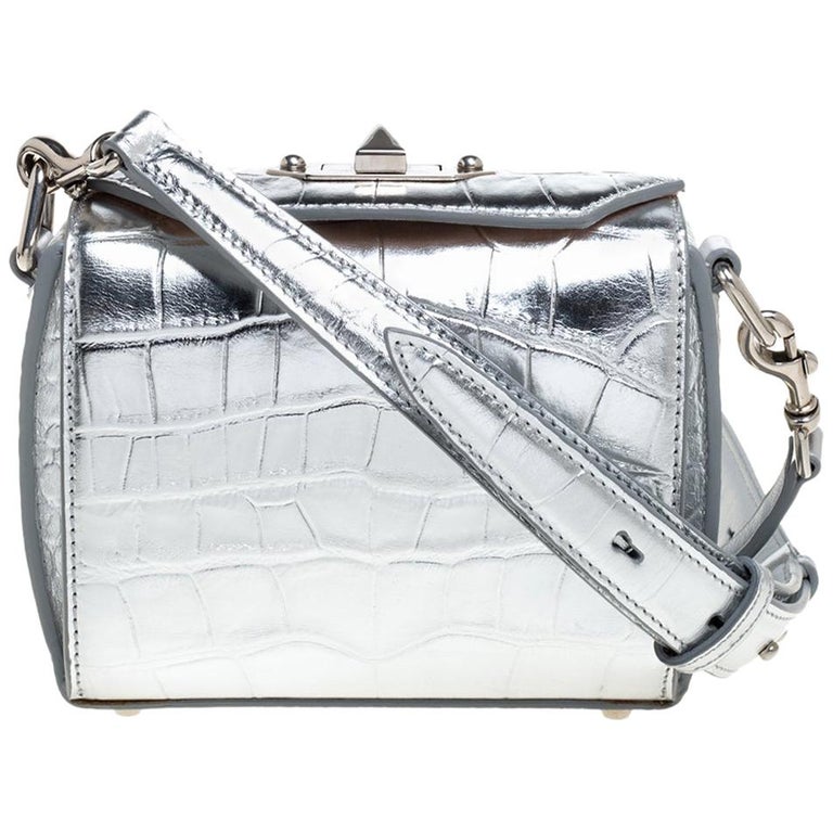 Alexander McQueen Silver Croc Embossed Patent Leather Box 16 Shoulder ...