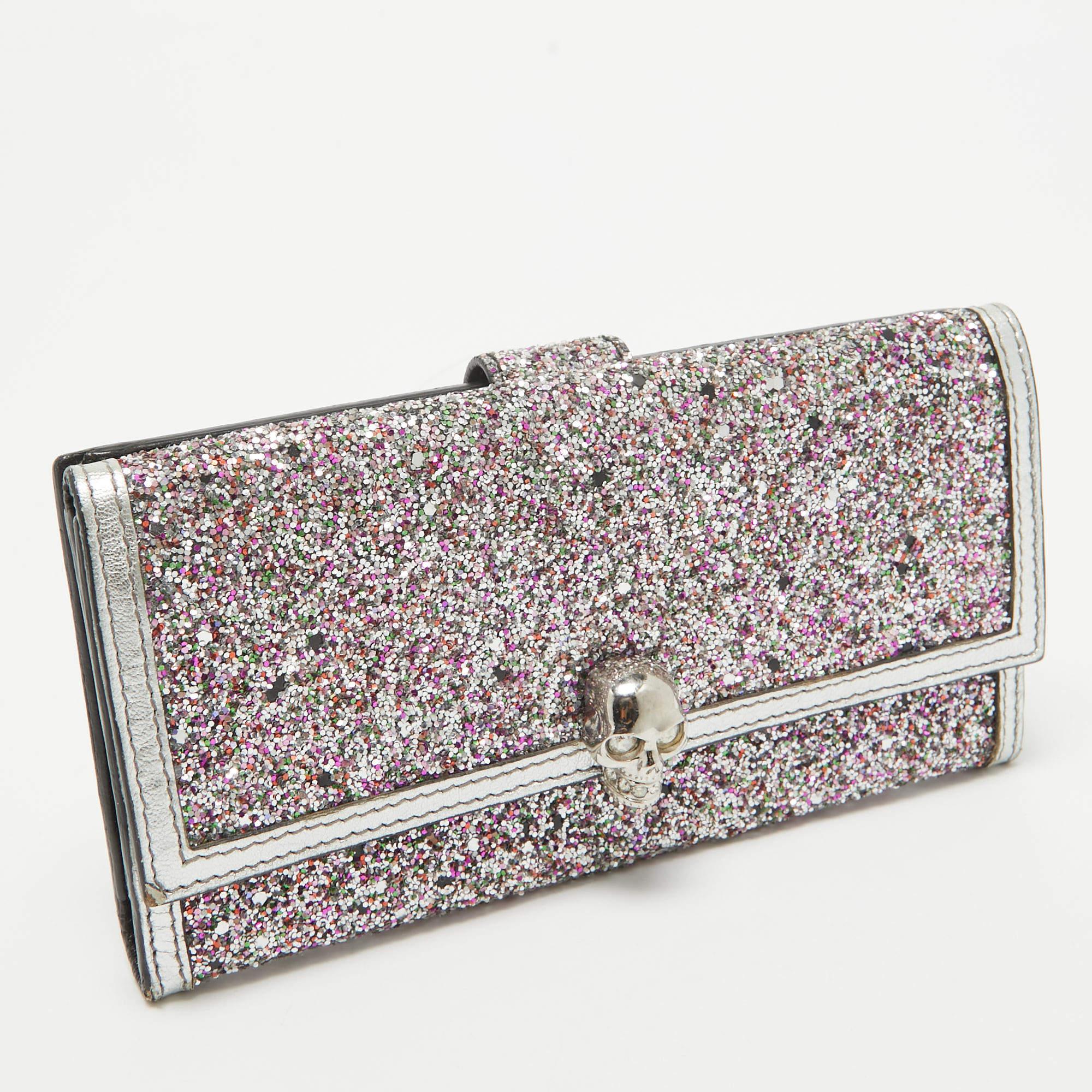Alexander McQueen Silver Glitter and Leather Skull Continental Wallet 1