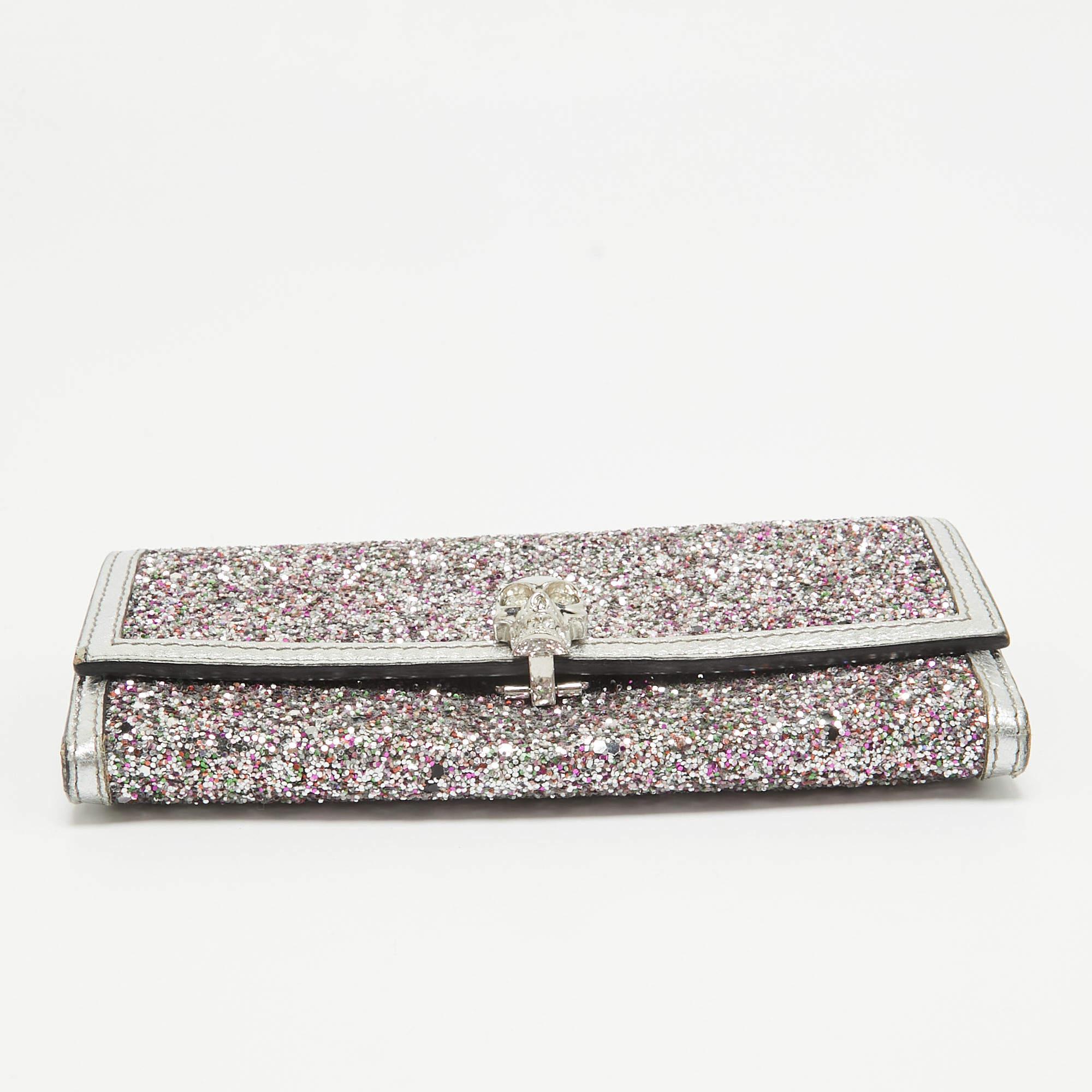 Alexander McQueen Silver Glitter and Leather Skull Continental Wallet 4