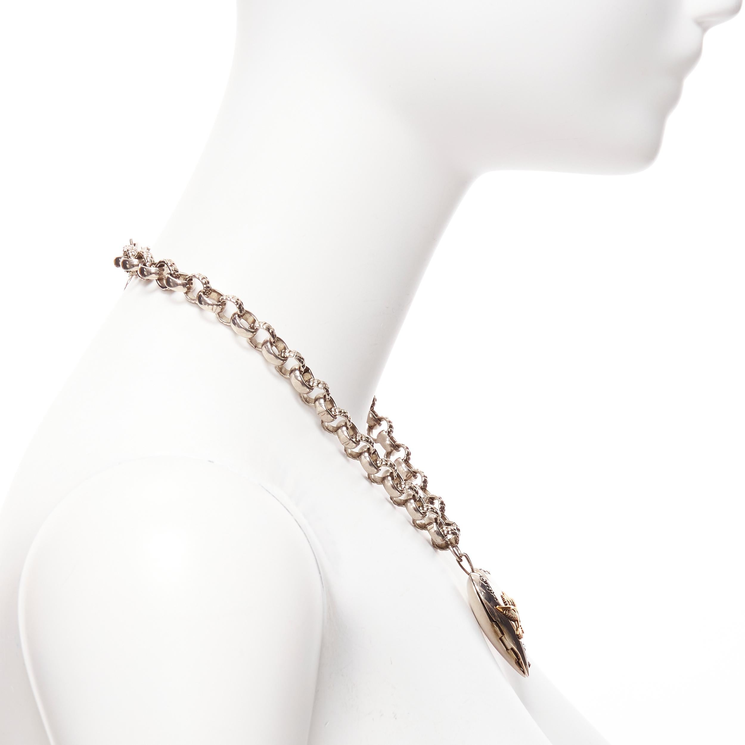 ALEXANDER MCQUEEN silver gold birds heart locket textured chain necklace In Good Condition In Hong Kong, NT