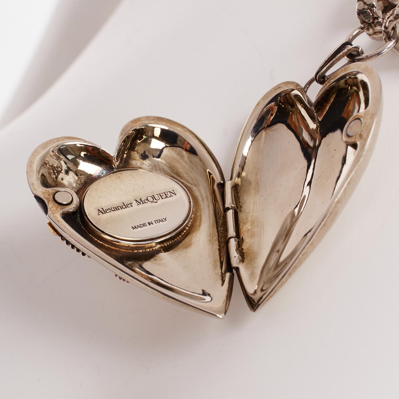 ALEXANDER MCQUEEN silver gold birds heart locket textured chain necklace 2