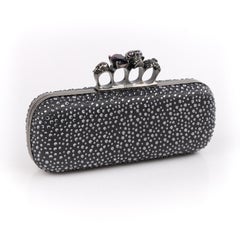 ALEXANDER McQUEEN Silver Grey Crystal Embellished Knuckle-Duster Box Clutch