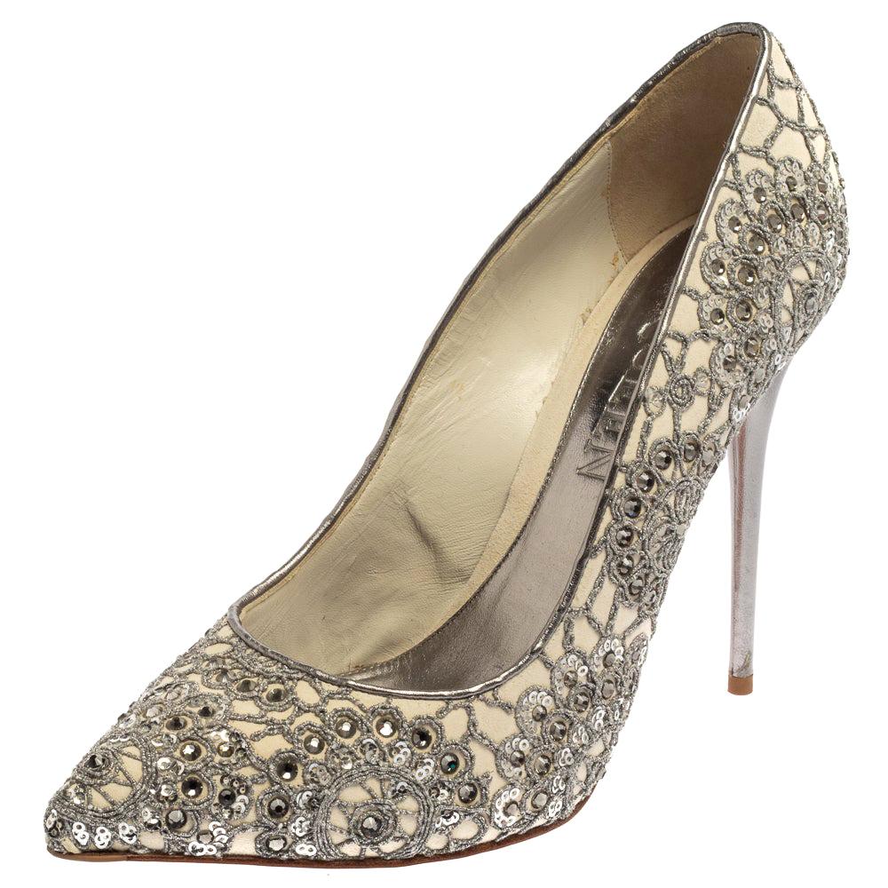 Alexander McQueen Silver/Off White Lace Crystal Pointed Toe Pumps Size 39.5