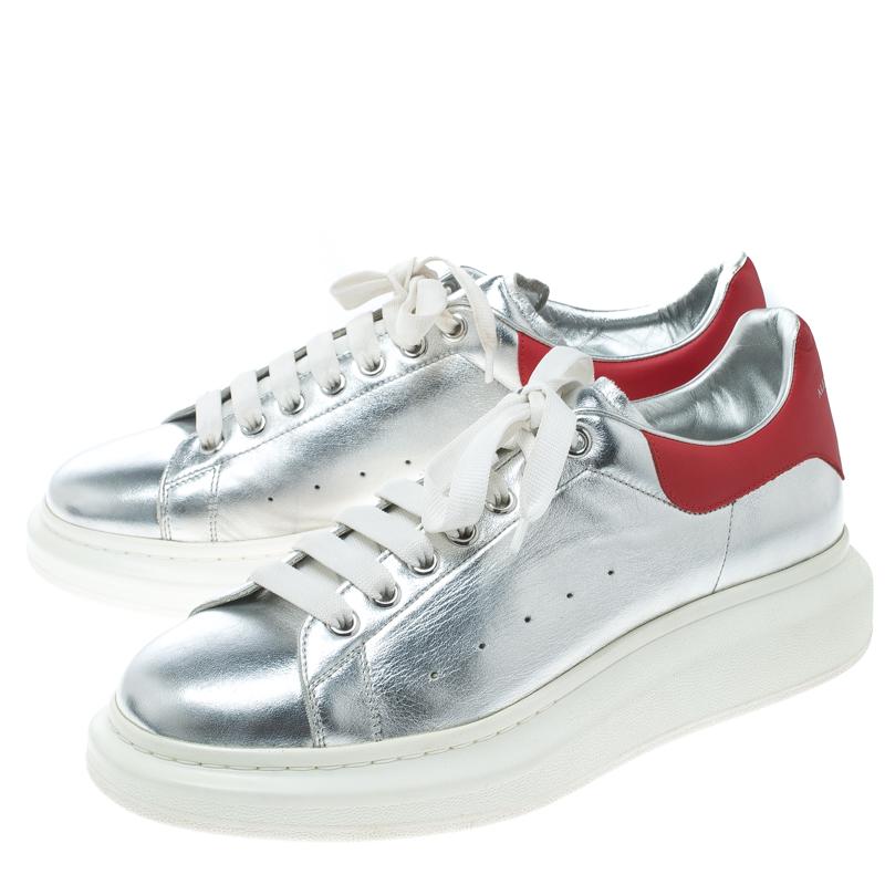 Women's Alexander McQueen Silver/Red Classic Larry Platform Lace Up Sneakers Size 45